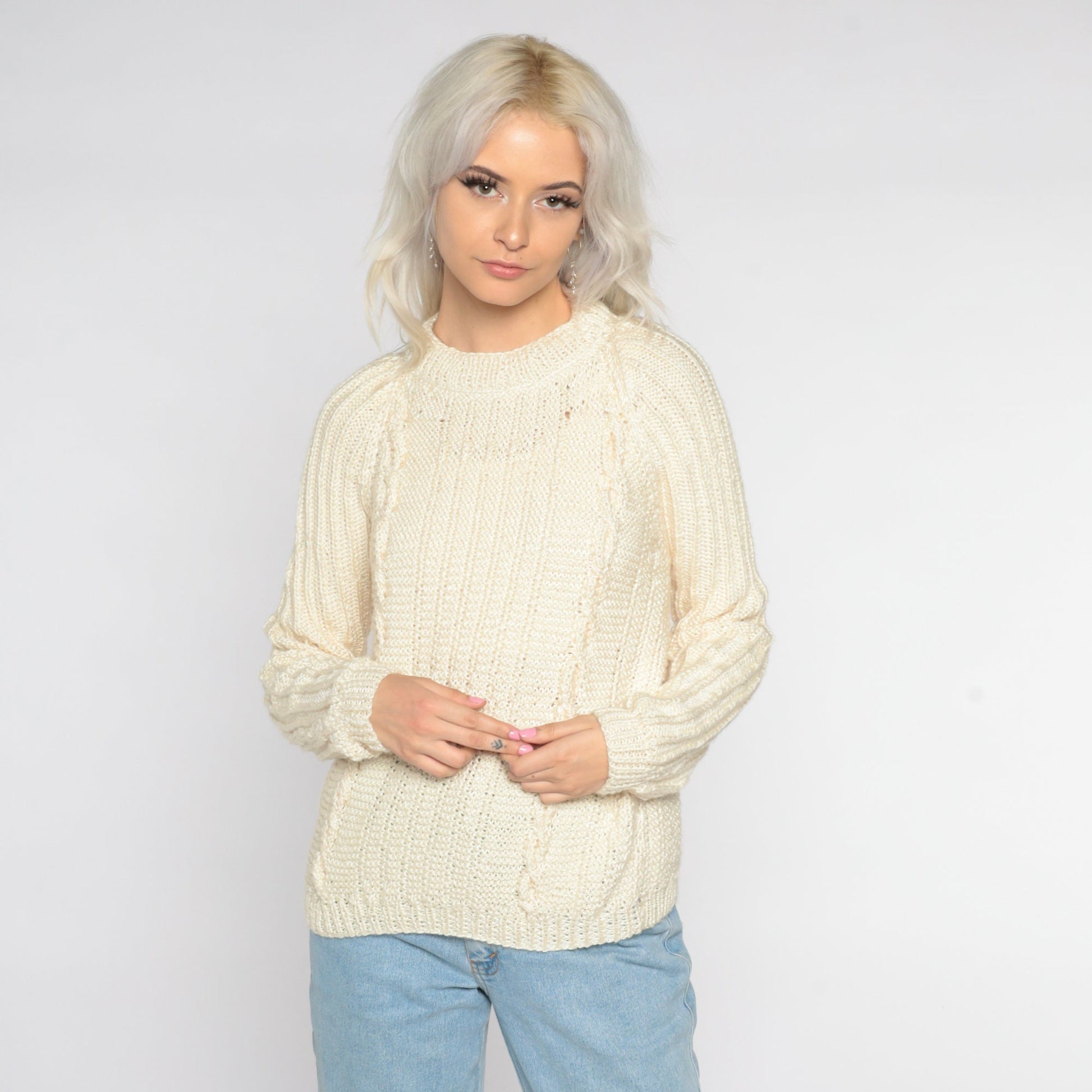 90s Cream Cable Knit Crewneck Pullover Sweater Small S