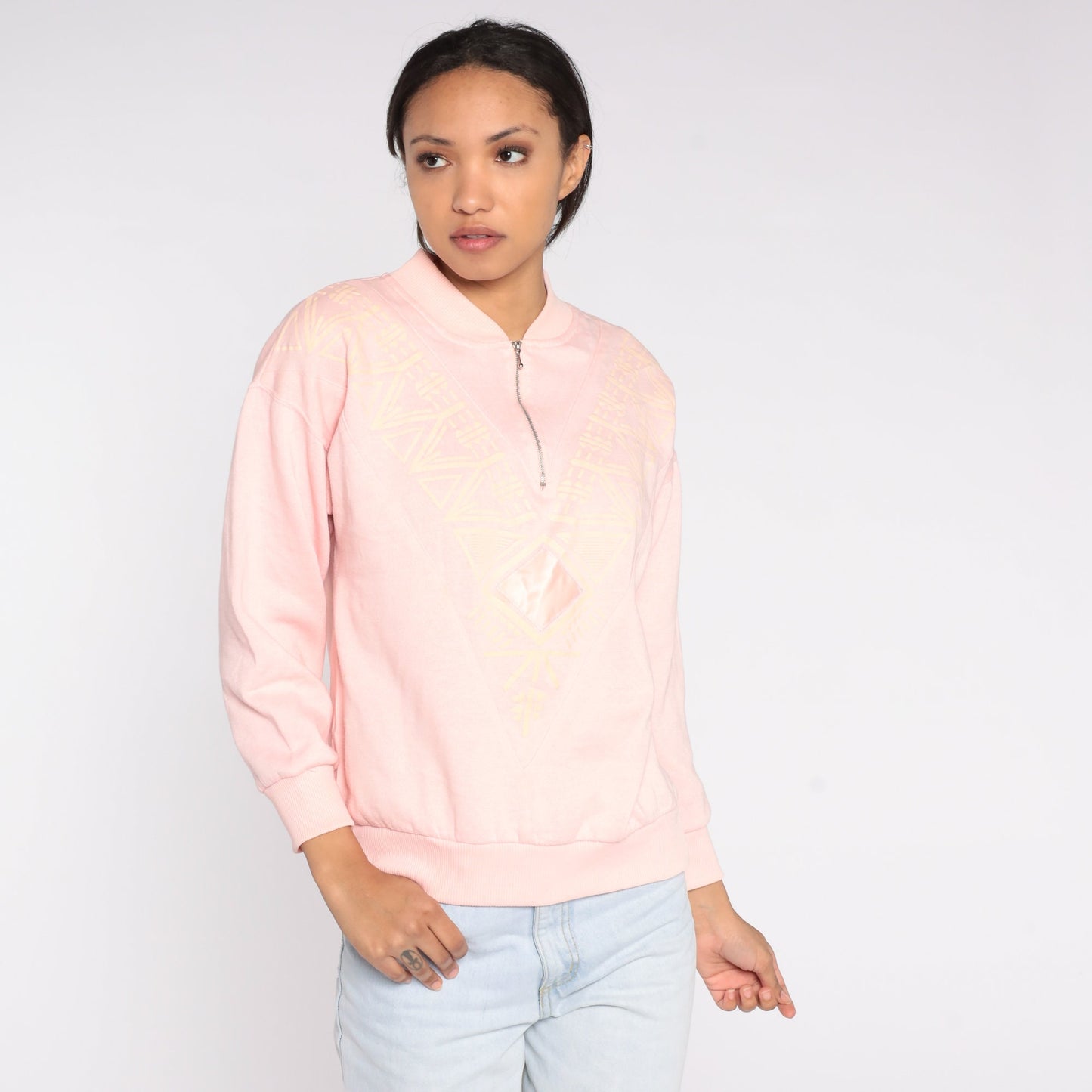 80s Geometric Quarter Zip Sweatshirt Baby Pink Southwestern Small