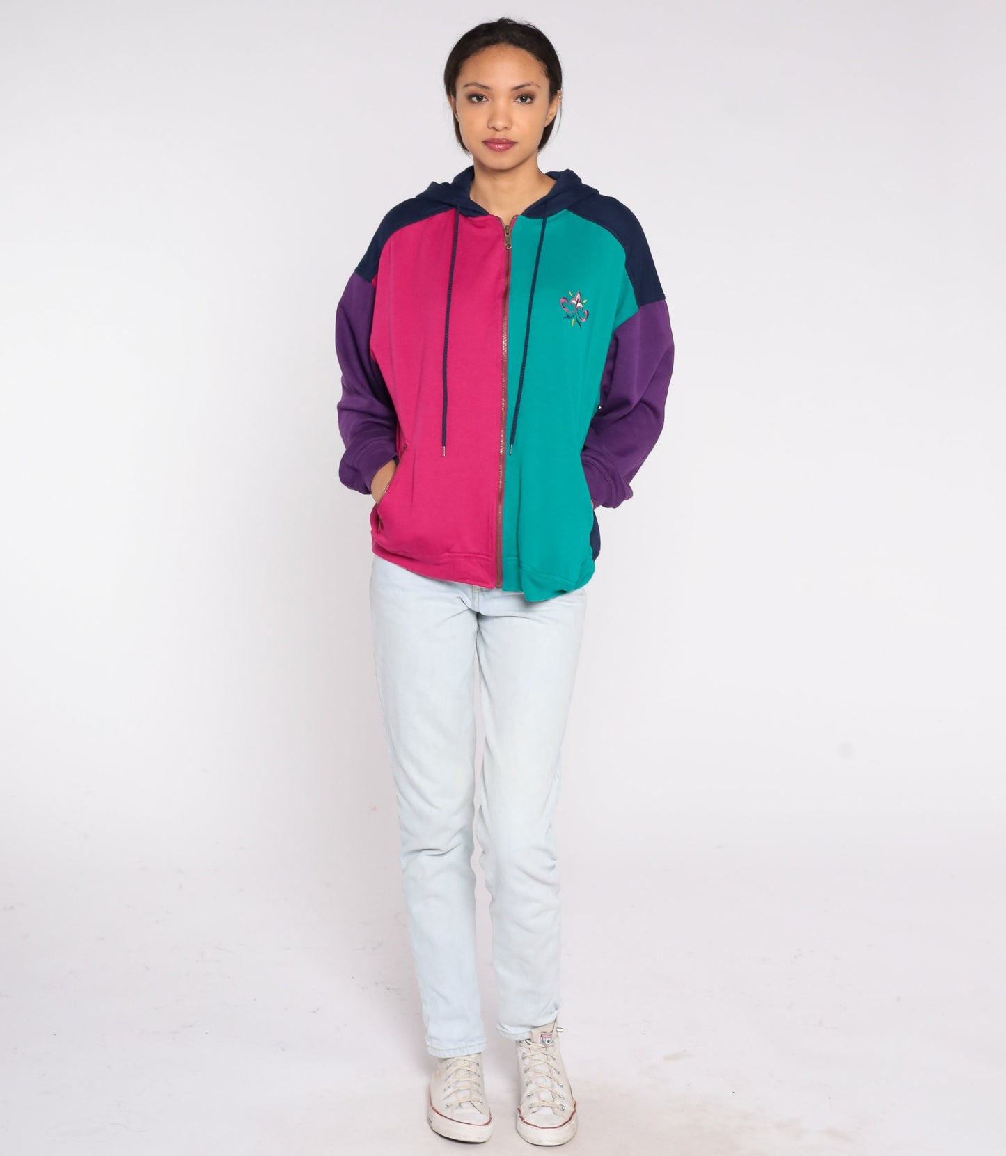 90s Color Block Zip Hoodie Sweatshirt Fleur de Lis Pink Green Purple Blue Large L