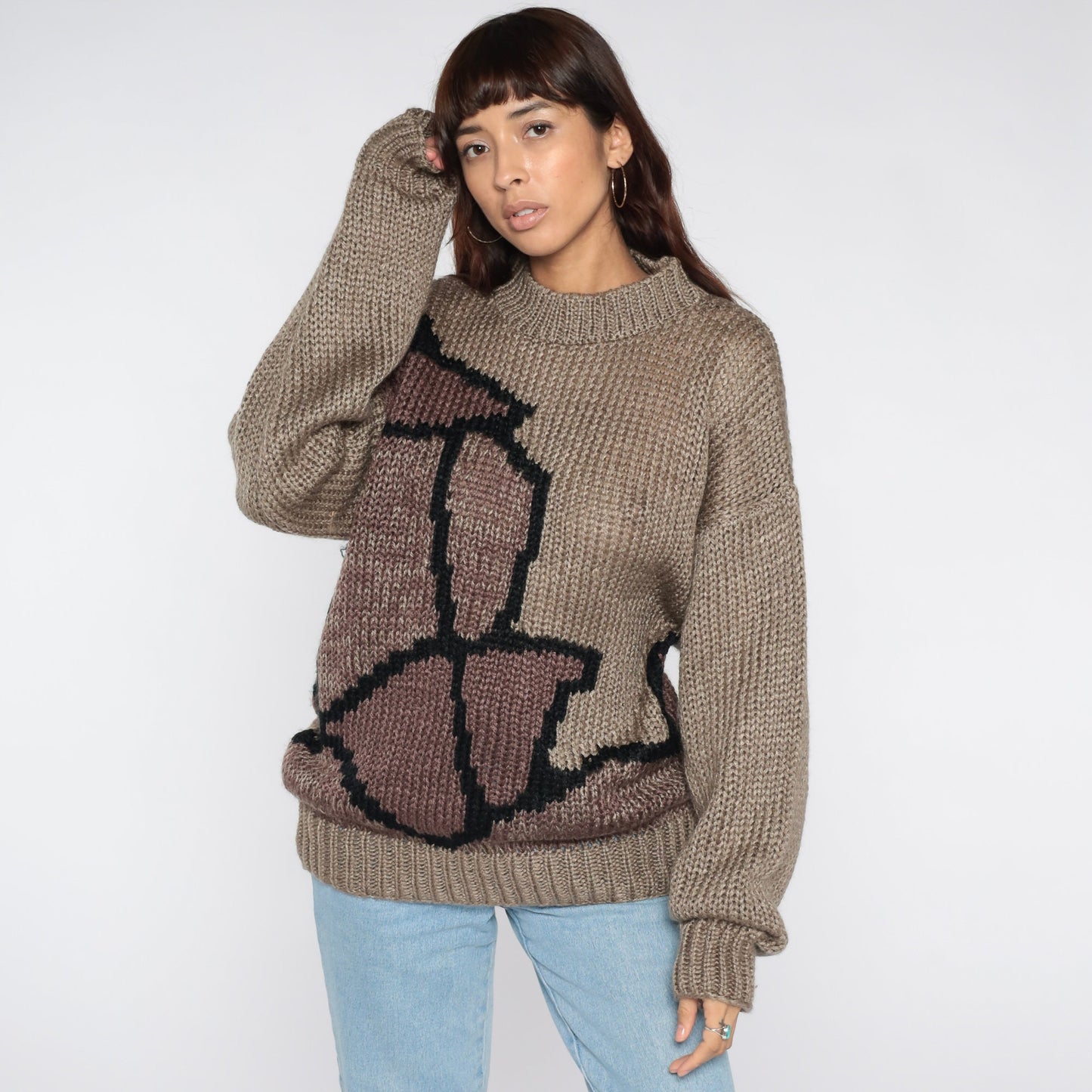 80s Abstract Jacquard Knit Sweater Taupe Crewneck Pullover Large