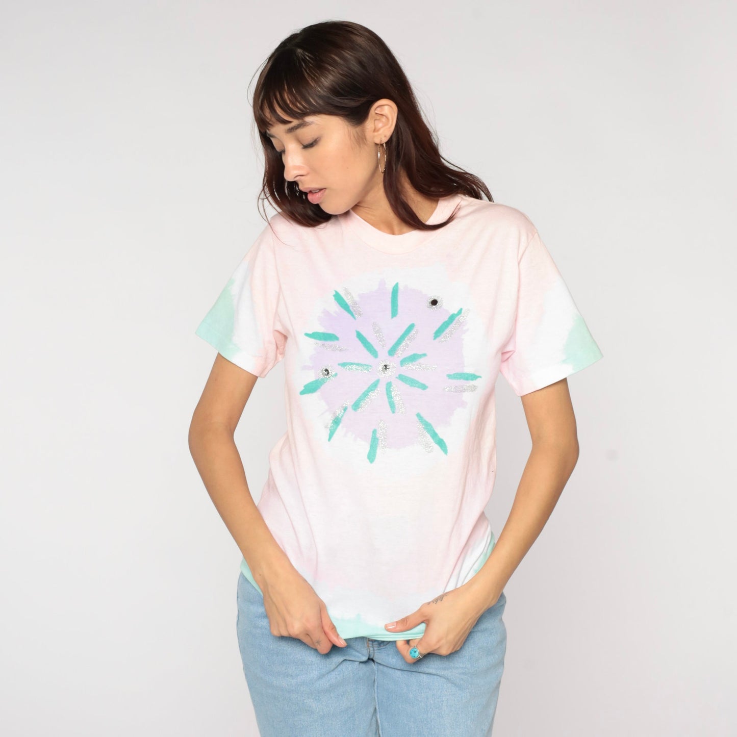 90s Tie Dye T-Shirt Pink Starburst Chest Graphic Cotton Tee Medium