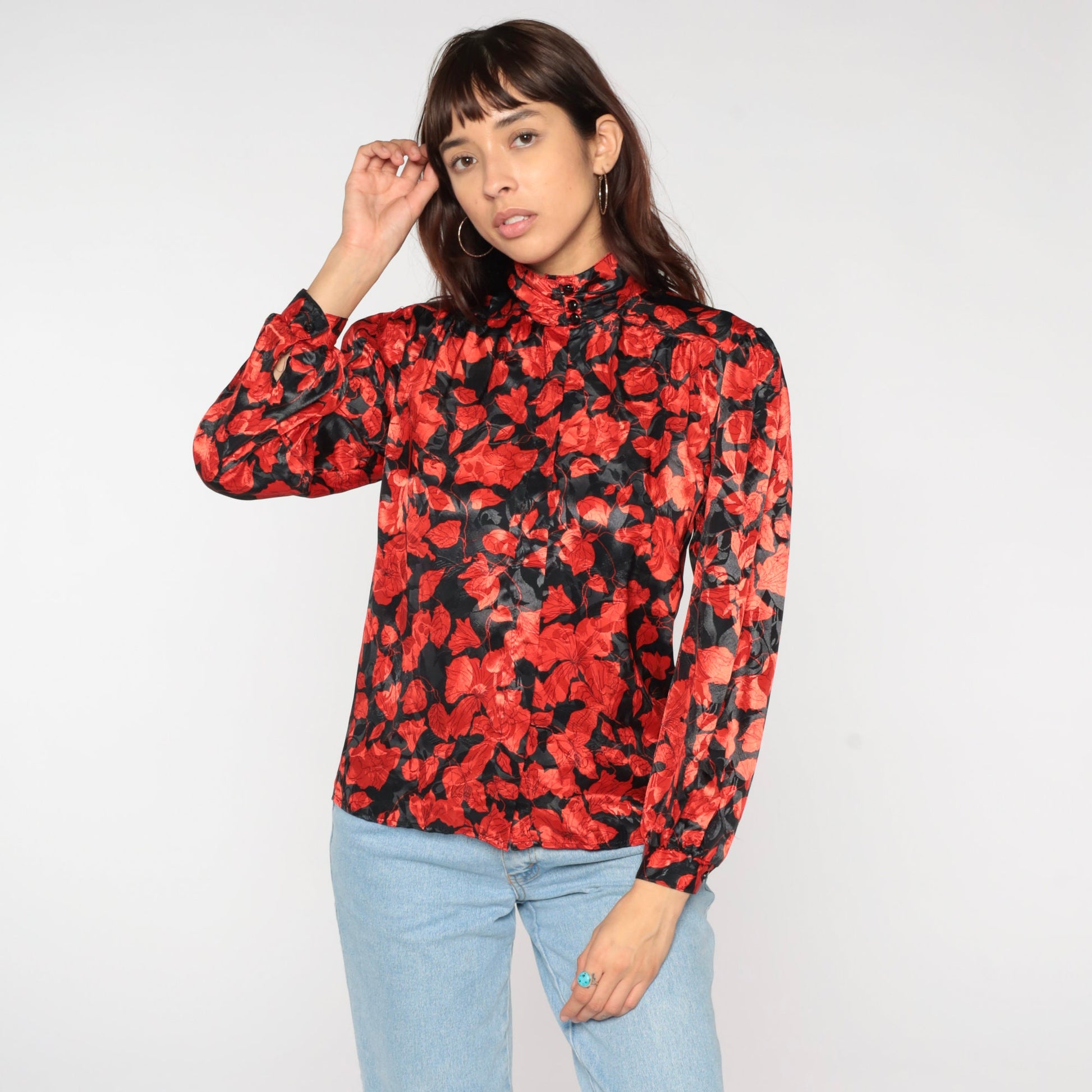 80s Black Red Floral Puff Sleeve Button-Up Blouse Small