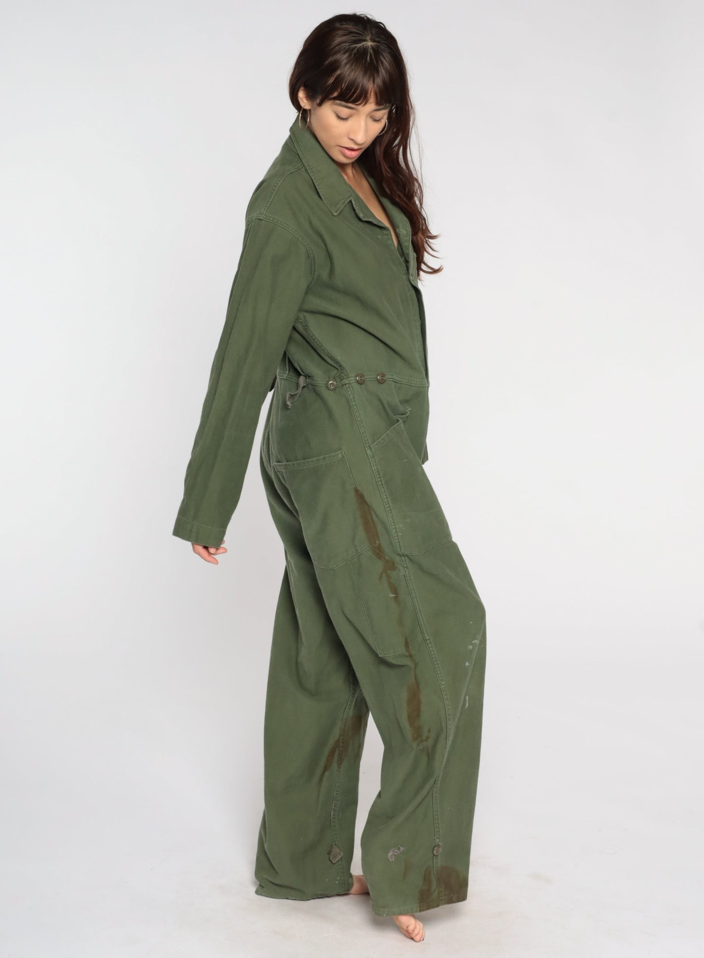 80s Army Coveralls Flight Suit Button Up Jumpsuit Olive Green Mens Large
