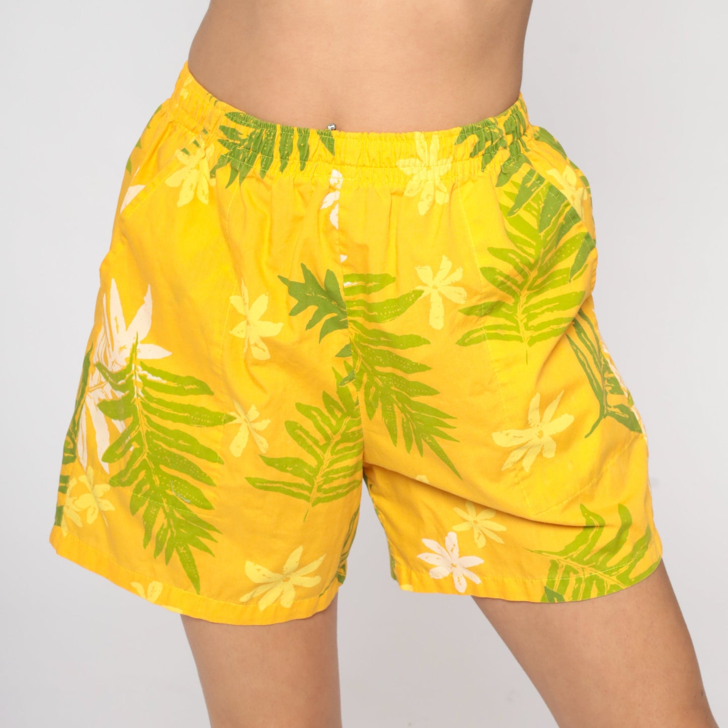 90s Yellow Tropical Leaf Floral Shorts High Waist Elastic Small S