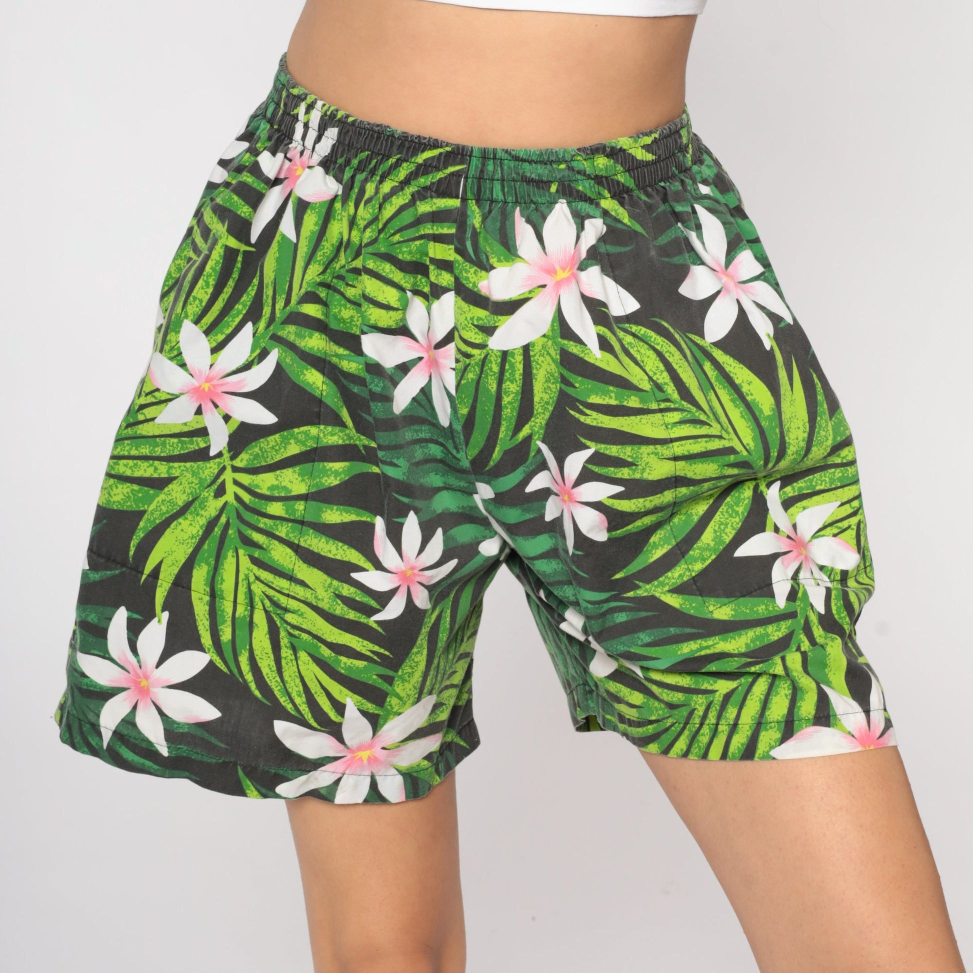 90s Tropical Leaf Floral Print Shorts High Waist Elastic Black Medium Large