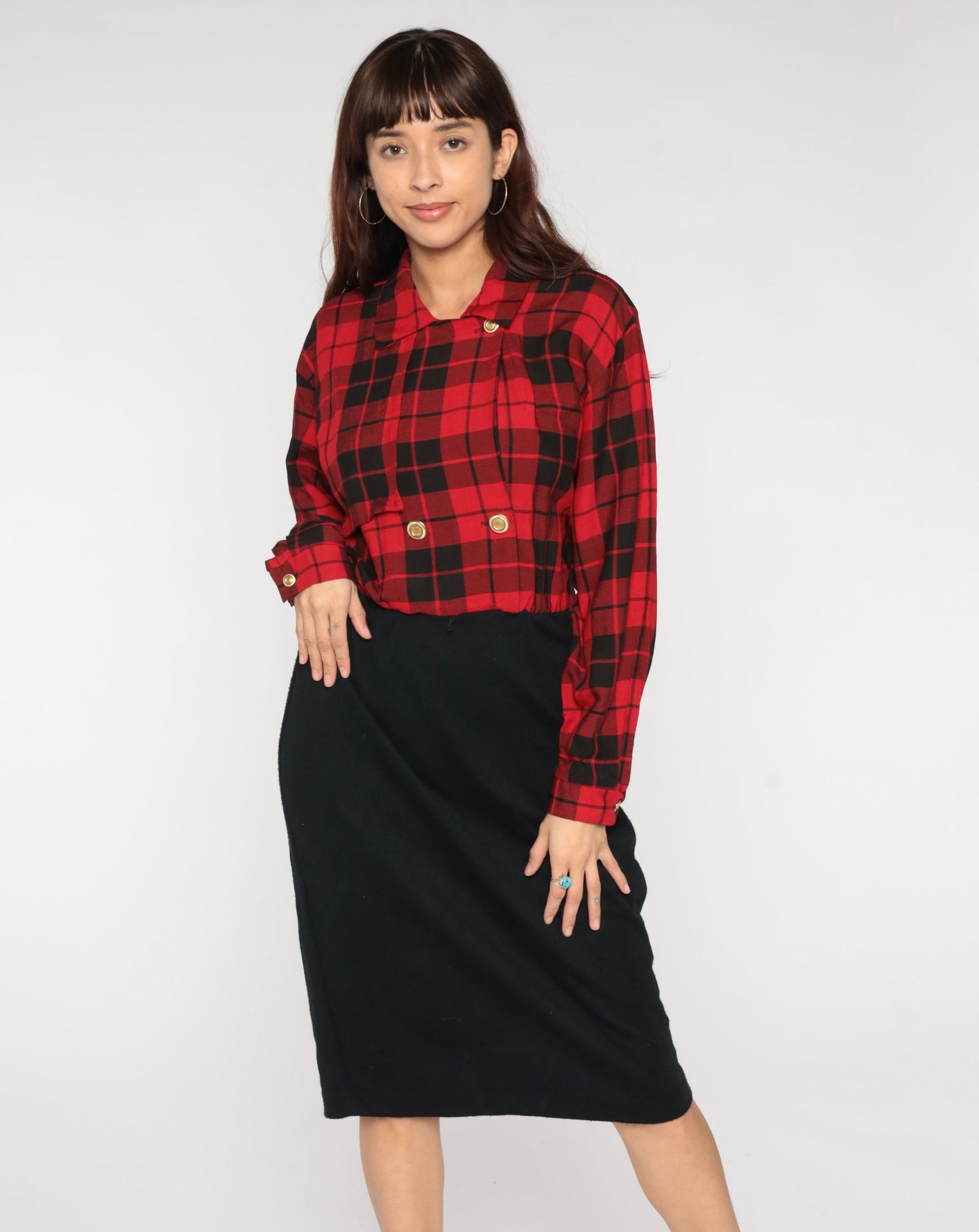 80s Red Plaid Midi Shirt Dress Black Pencil High Waist Button Up Medium