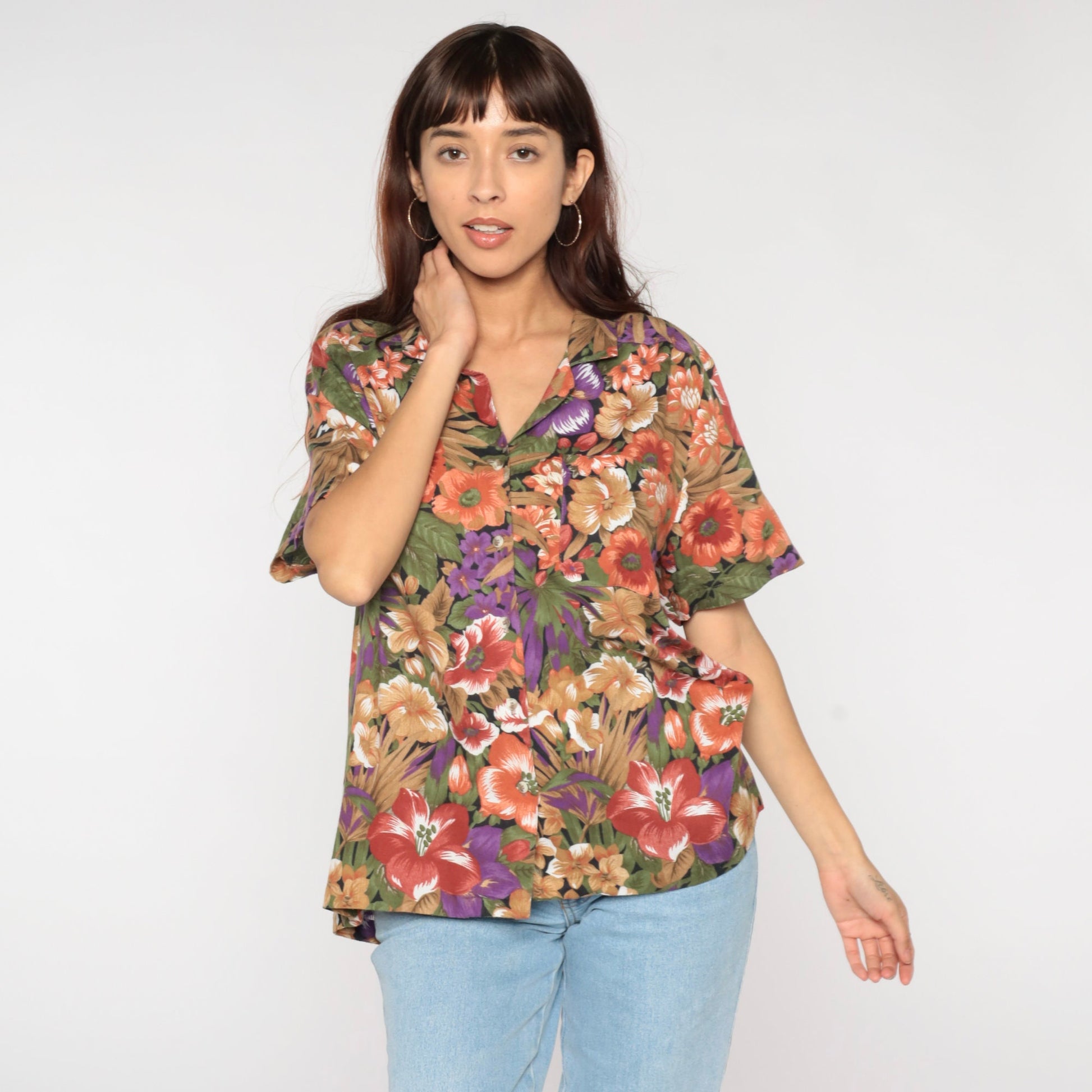 90s Tropical Floral Button-Up Blouse Multicolor Leaf Print Short Sleeve Extra Large