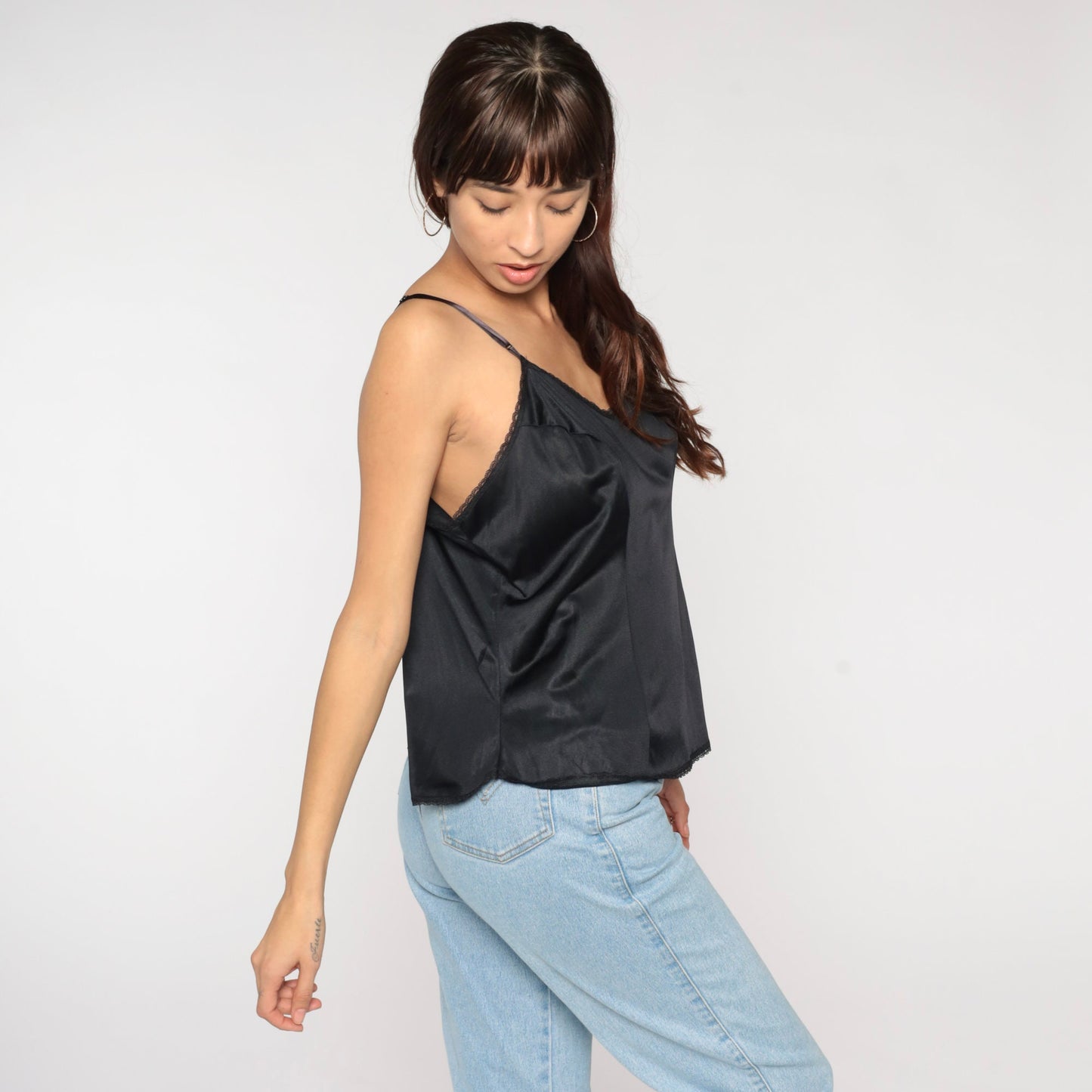 80s Black Nylon Camisole Spaghetti Strap Tank Top V-Neck Large