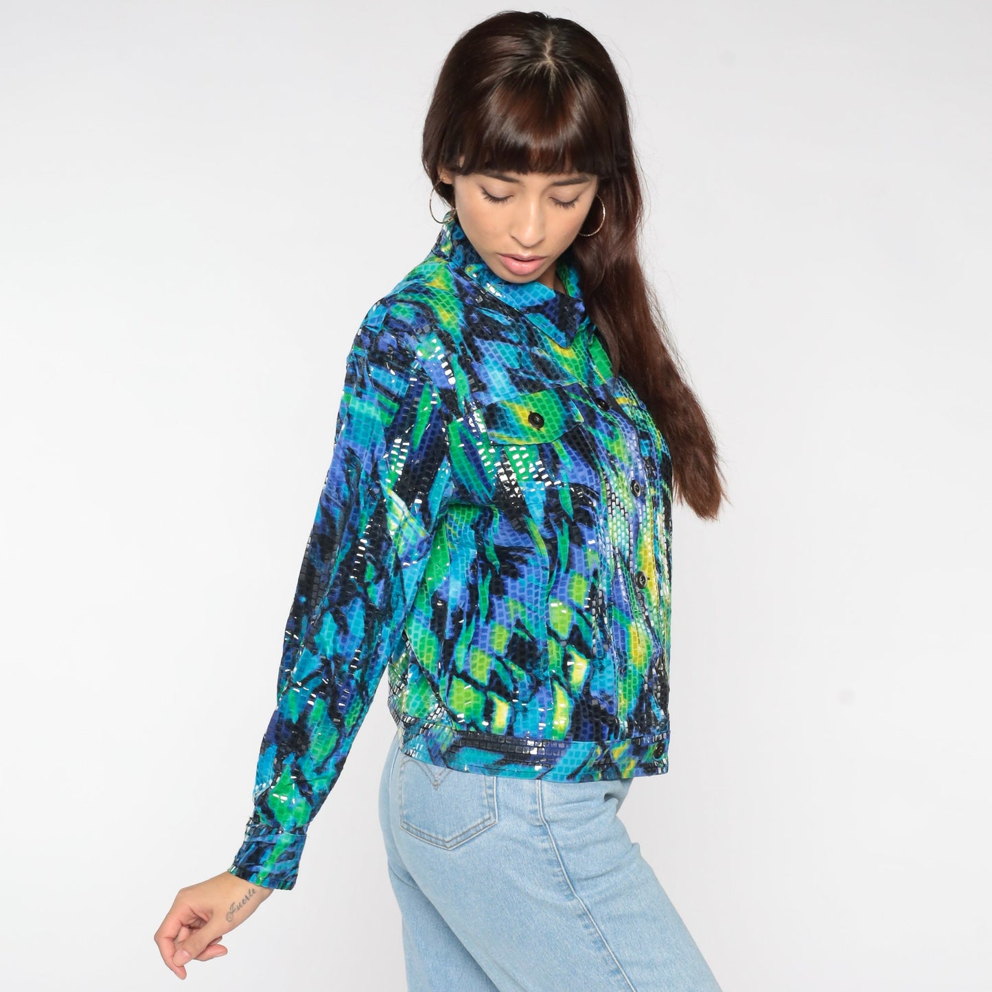 90s Faux Snakeskin Reversible Bomber Jacket Green Blue Geometric Petite Large