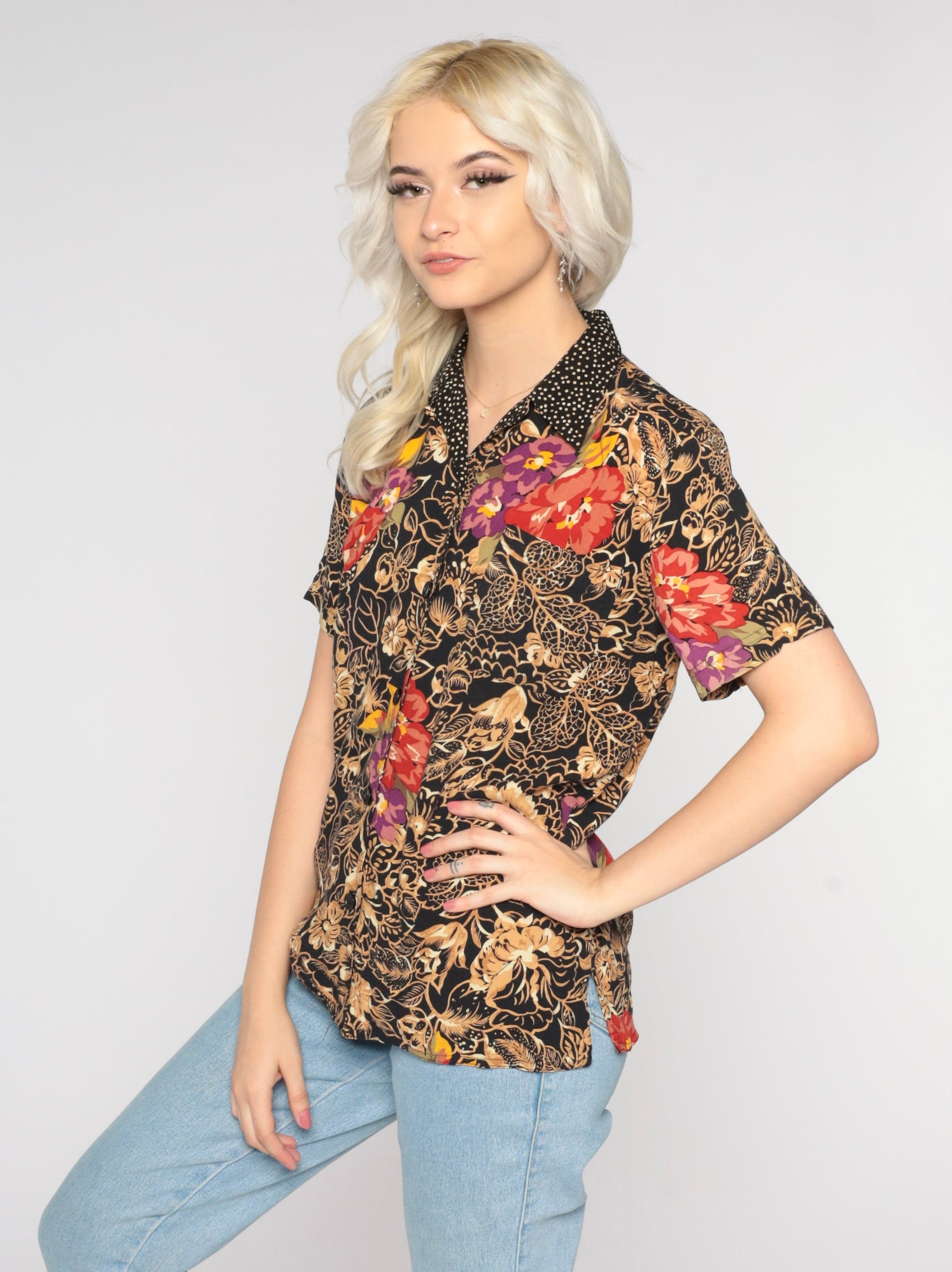 90s Floral Leaf Polka Dot Button-Up Blouse Black Short Sleeve Small