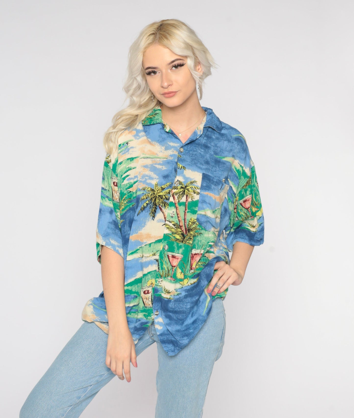 Y2K Blue Hawaiian Shirt Palm Tree Cocktail Print Button Up Men's Large