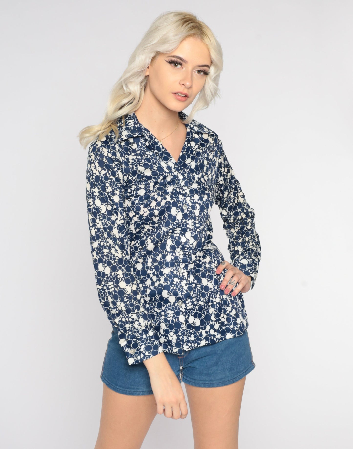 70s Blue Abstract Fruit Dot Print Button-Up Shirt Pointed Collar Long Sleeve Medium