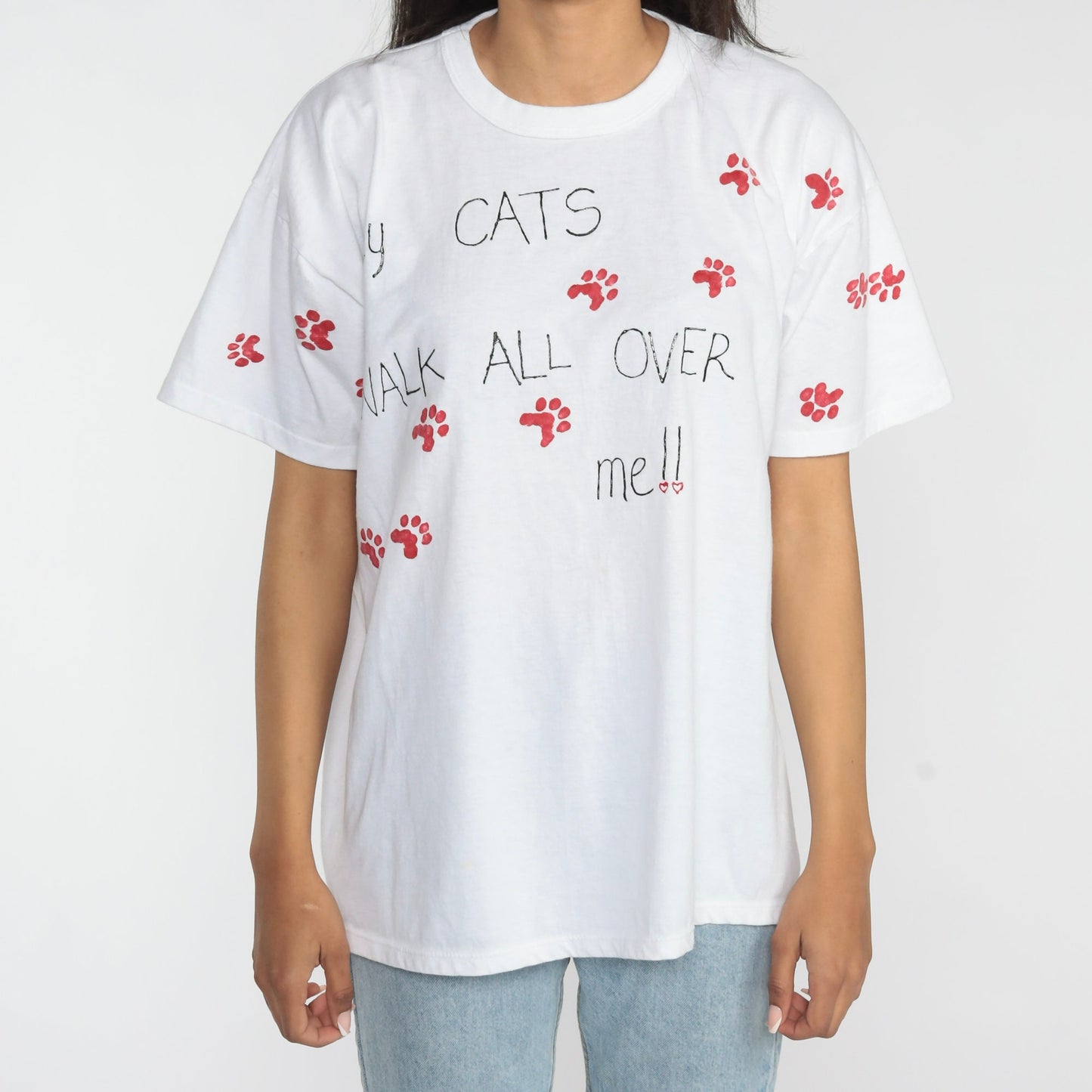 90s Cat Graphic T-Shirt Paw Print Funny Novelty Tee Large L