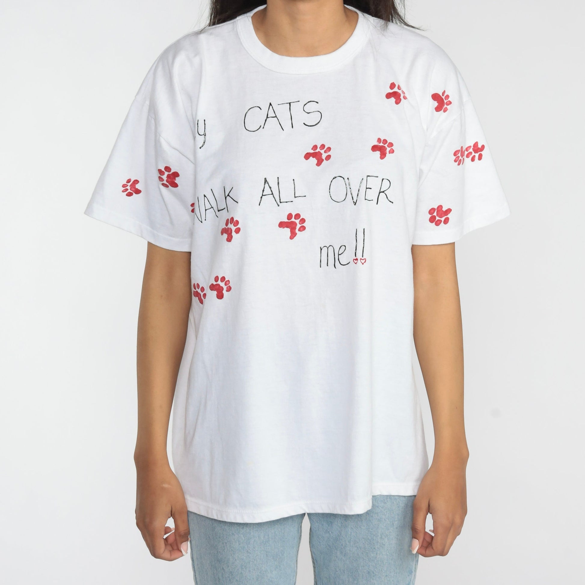 90s Cat Graphic T-Shirt Paw Print Funny Novelty Tee Large L