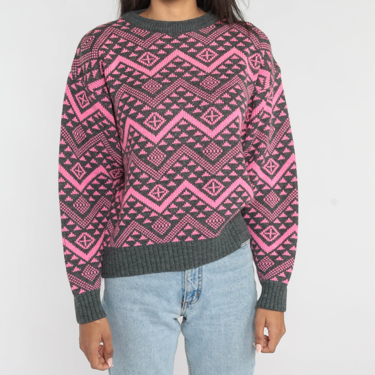 90s Pink Zig Zag Geometric Wool Blend Sweater Grey Crewneck Small S