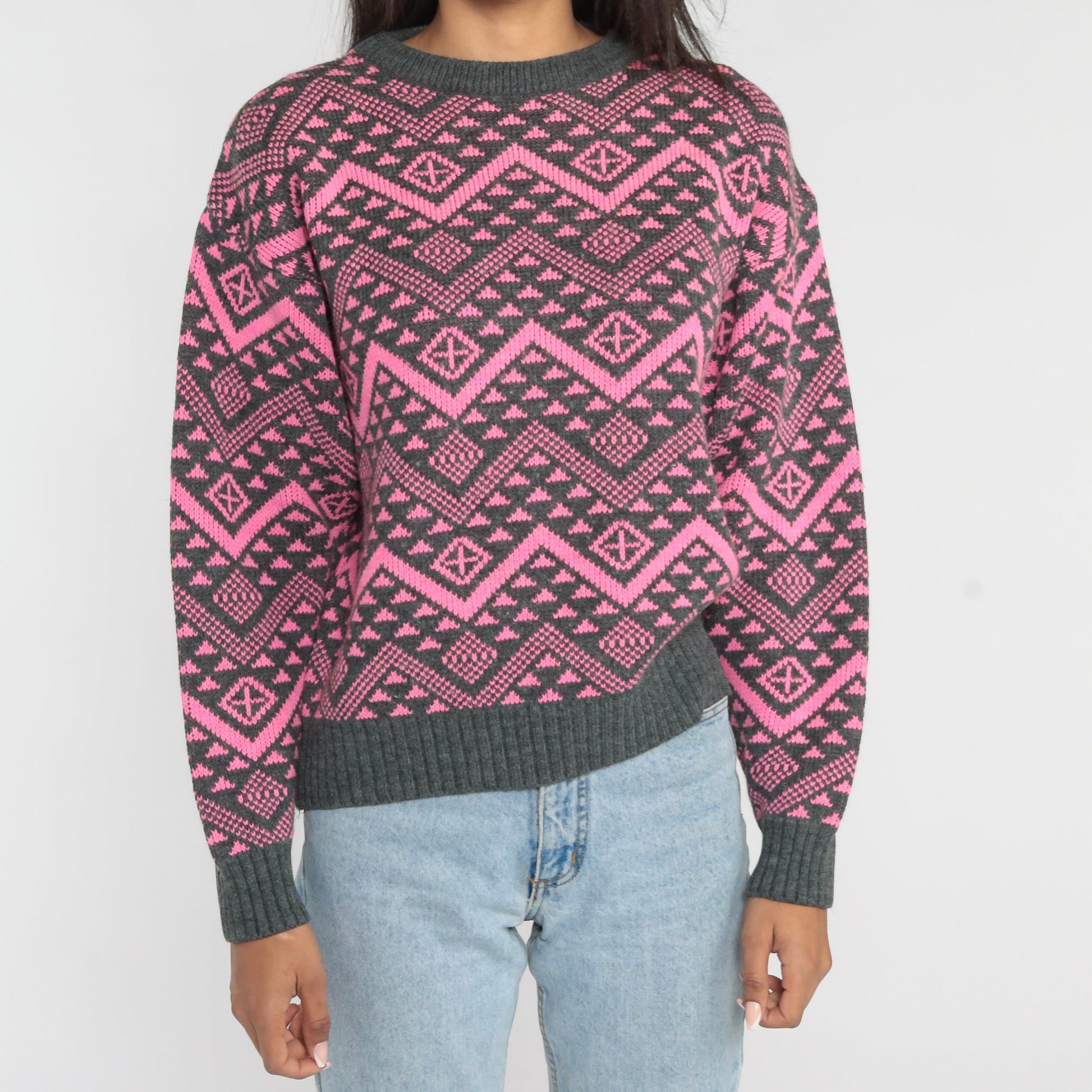 90s Pink Zig Zag Geometric Wool Blend Sweater Grey Crewneck Small S