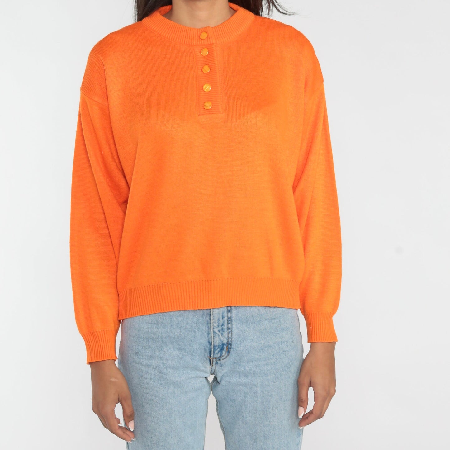 80s Orange Knit Henley Sweater Button-Up Small