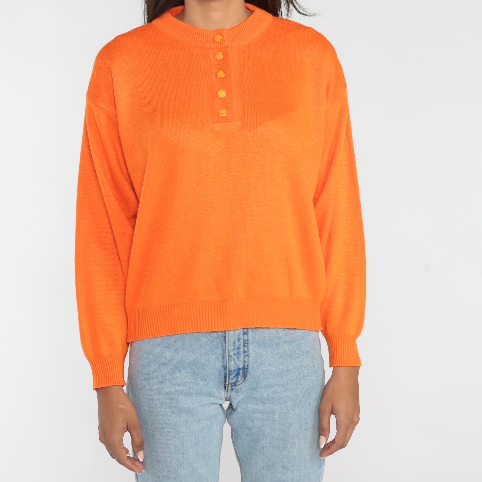 80s Orange Knit Henley Sweater Button-Up Small