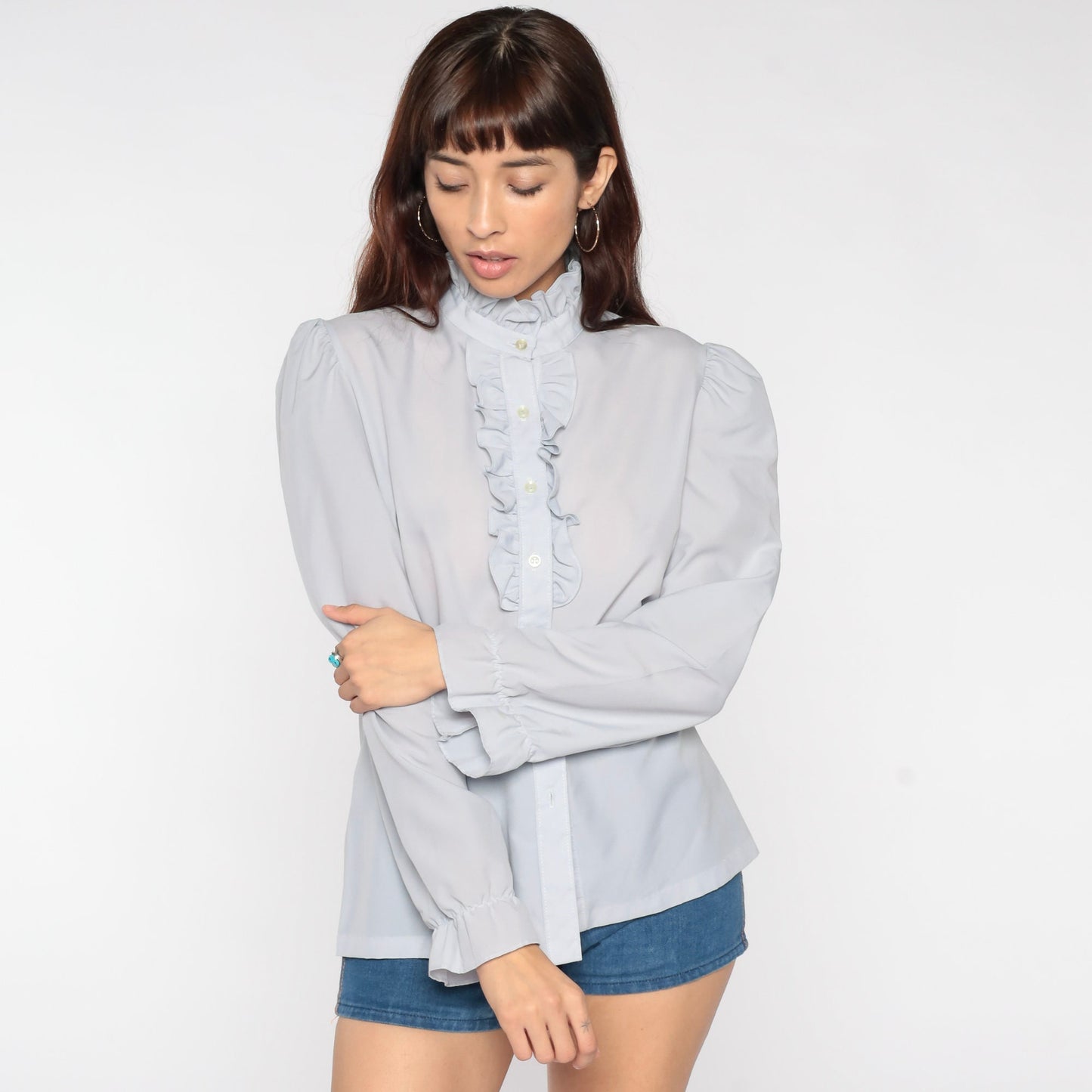 80s Grey Sheer Tuxedo Ruffle Blouse Puff Sleeve Button Up Medium