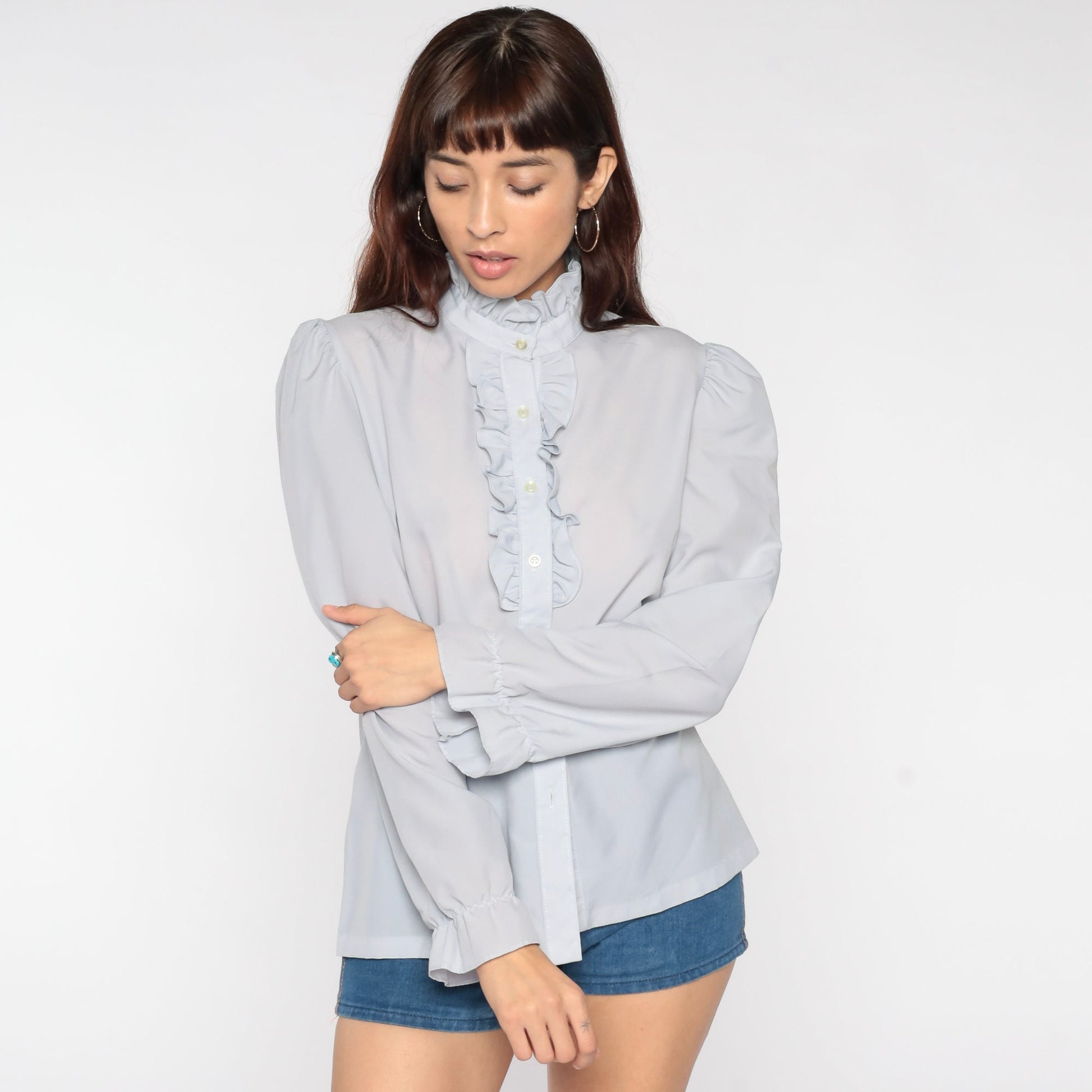 80s Grey Sheer Tuxedo Ruffle Blouse Puff Sleeve Button Up Medium