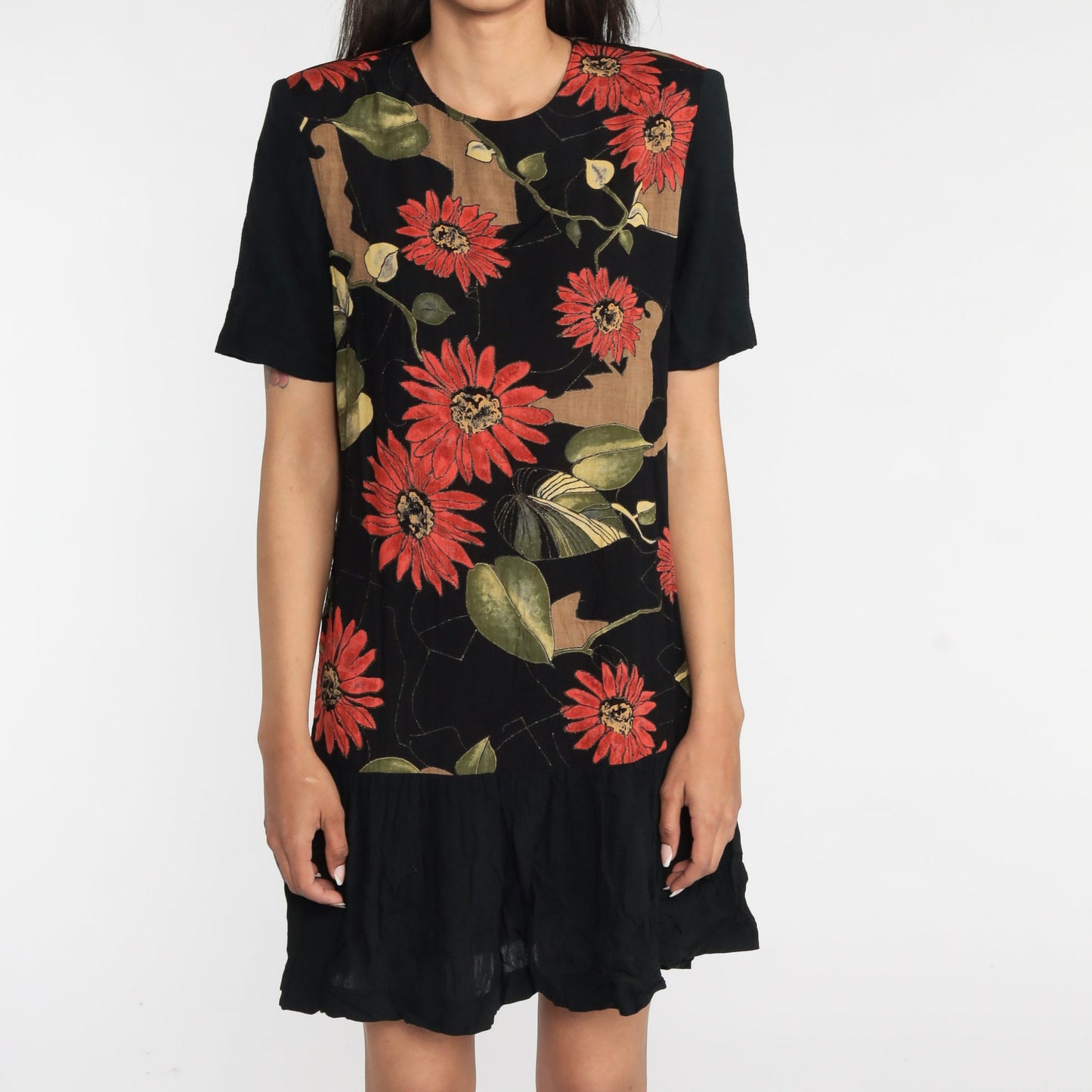90s Black Floral Mini Dress Drop Waist Ruffle Short Sleeve Small S