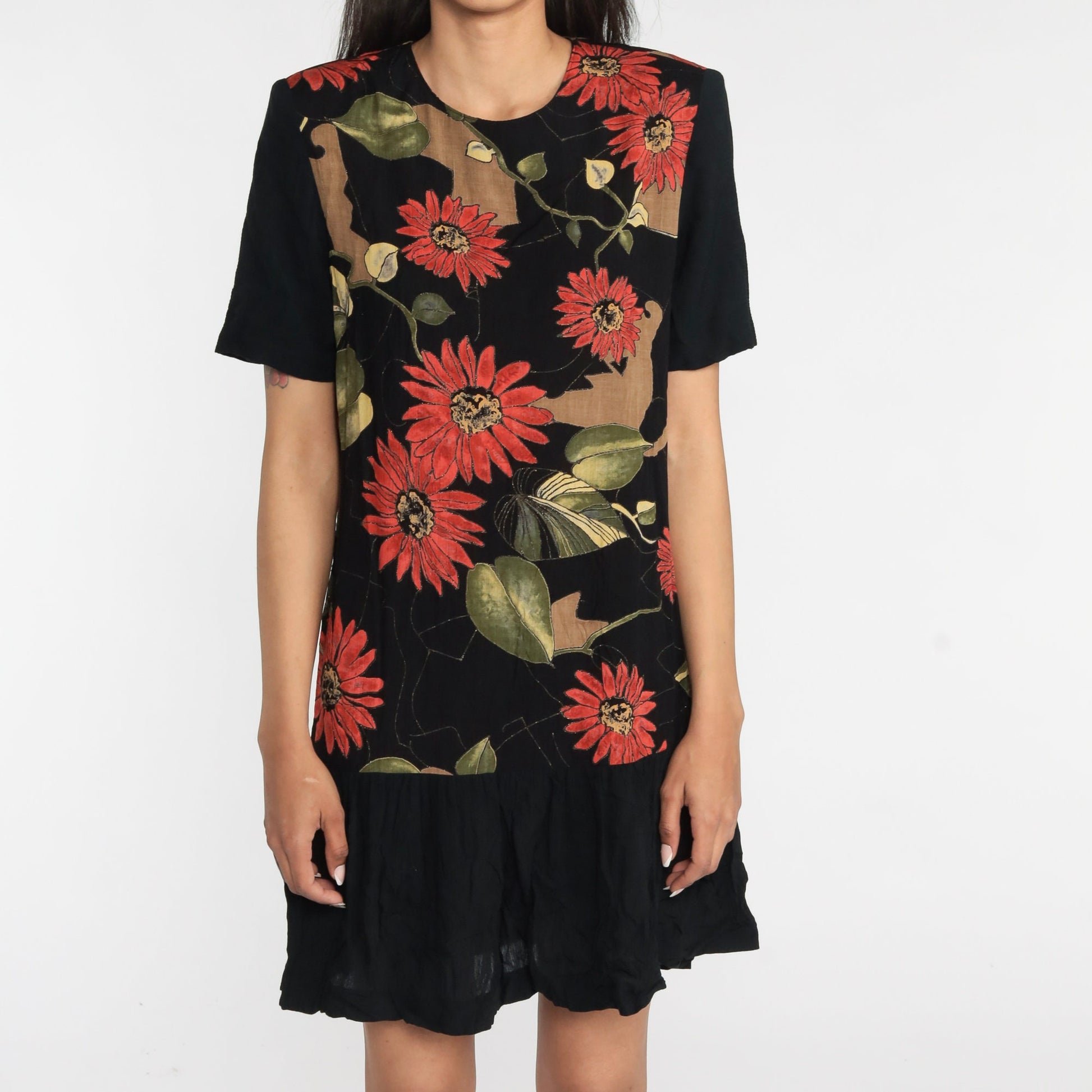 90s Black Floral Mini Dress Drop Waist Ruffle Short Sleeve Small S