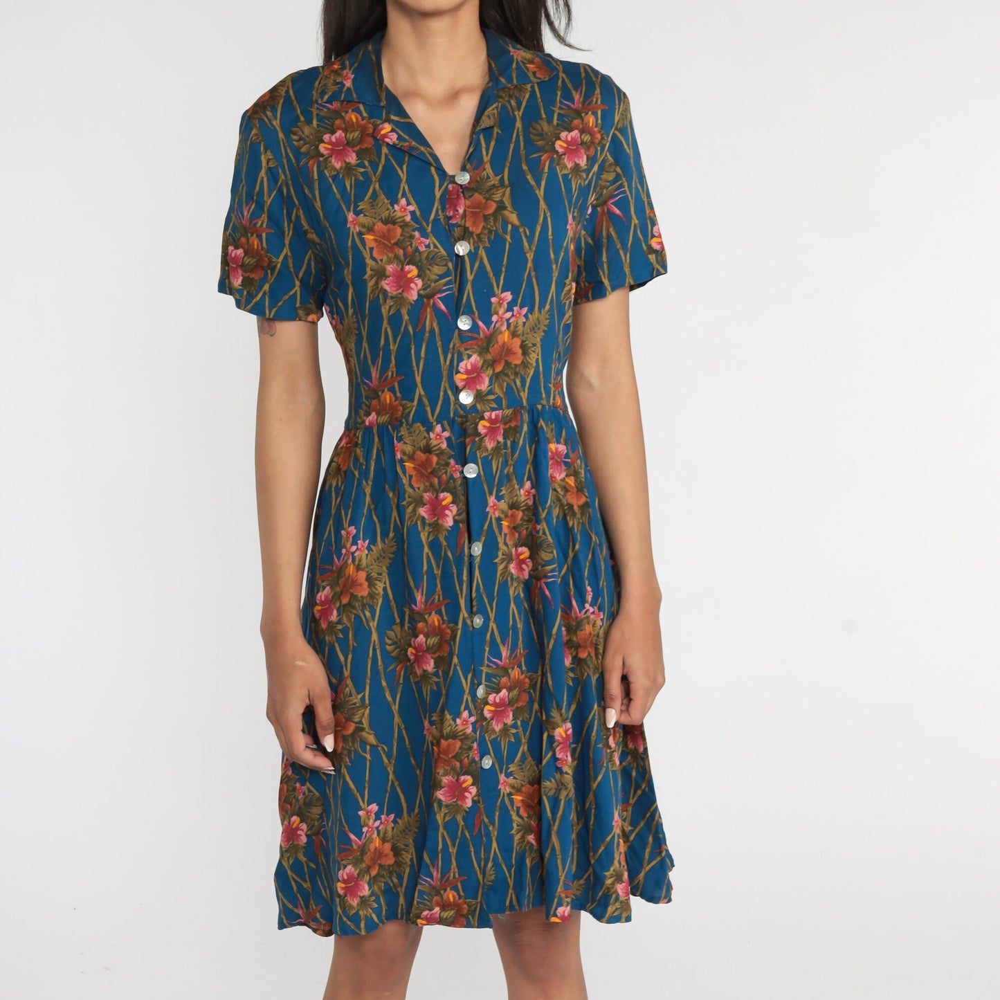 00s Karen Scott Hawaiian Floral Shirtdress Blue Tropical Knee-Length Medium