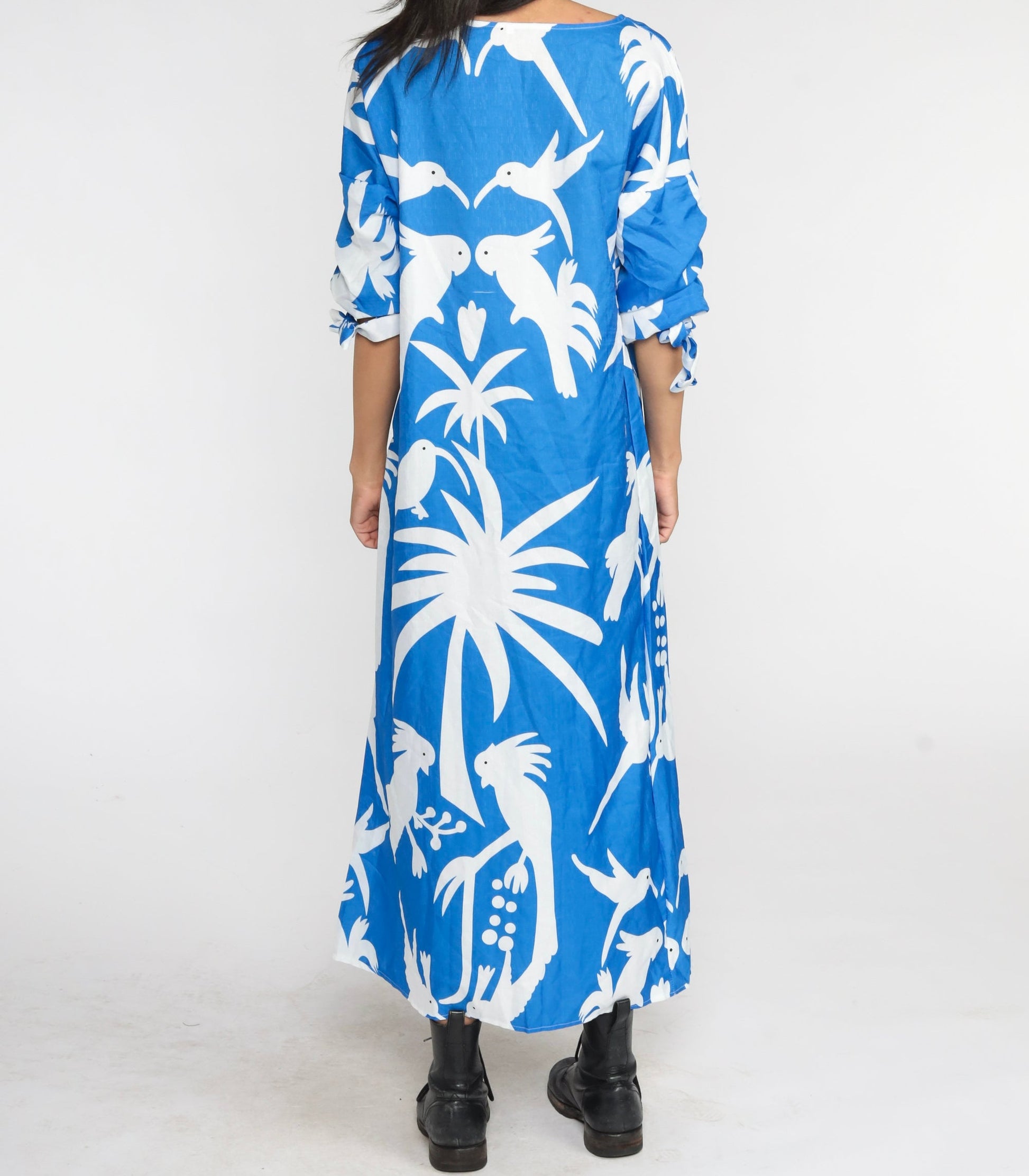 80s Bird Print Maxi Dress Blue Tropical Cockatoo Palm Tree Long Sleeve Medium
