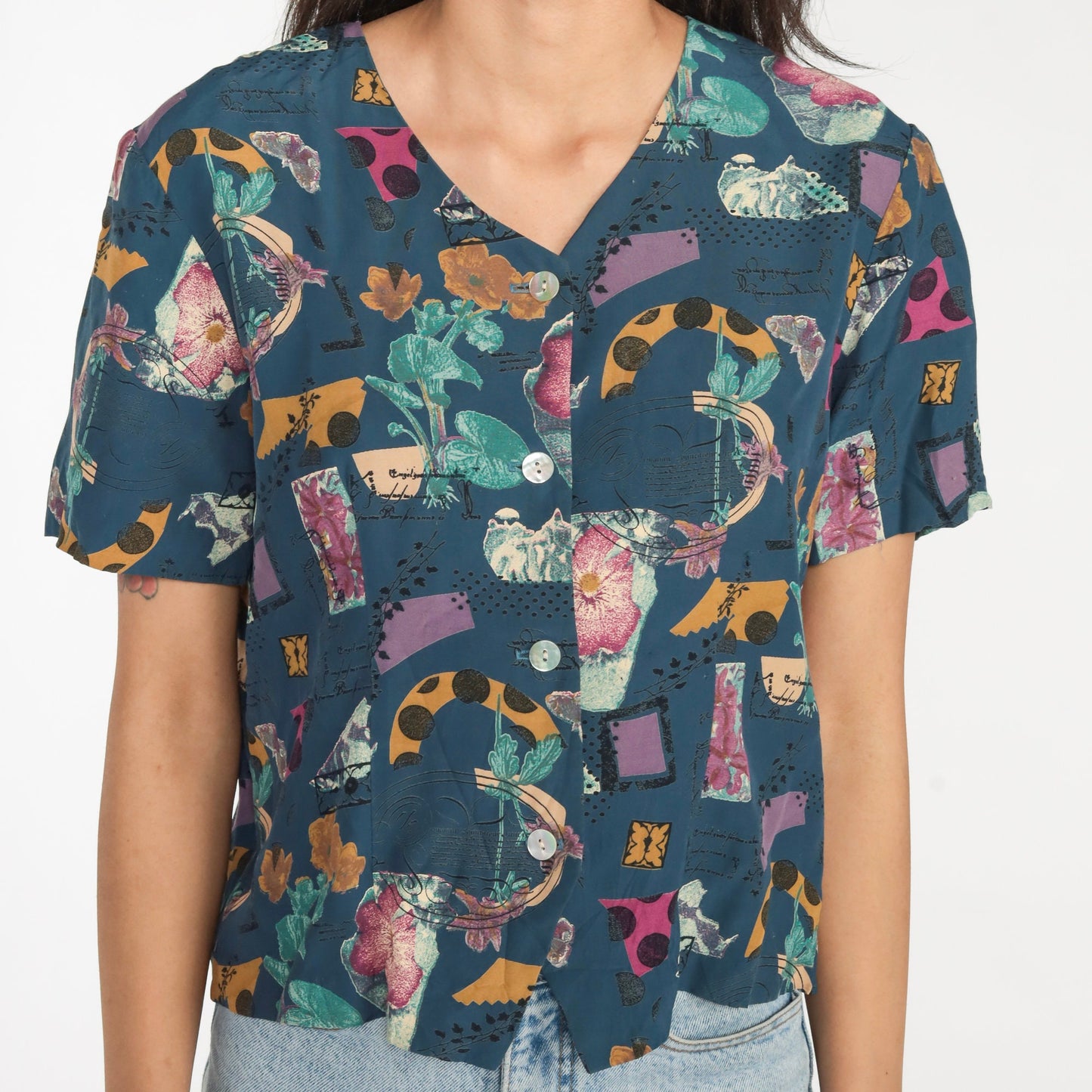 90s Blue Abstract Floral Button Up Blouse Short Sleeve Botanical Print Medium M