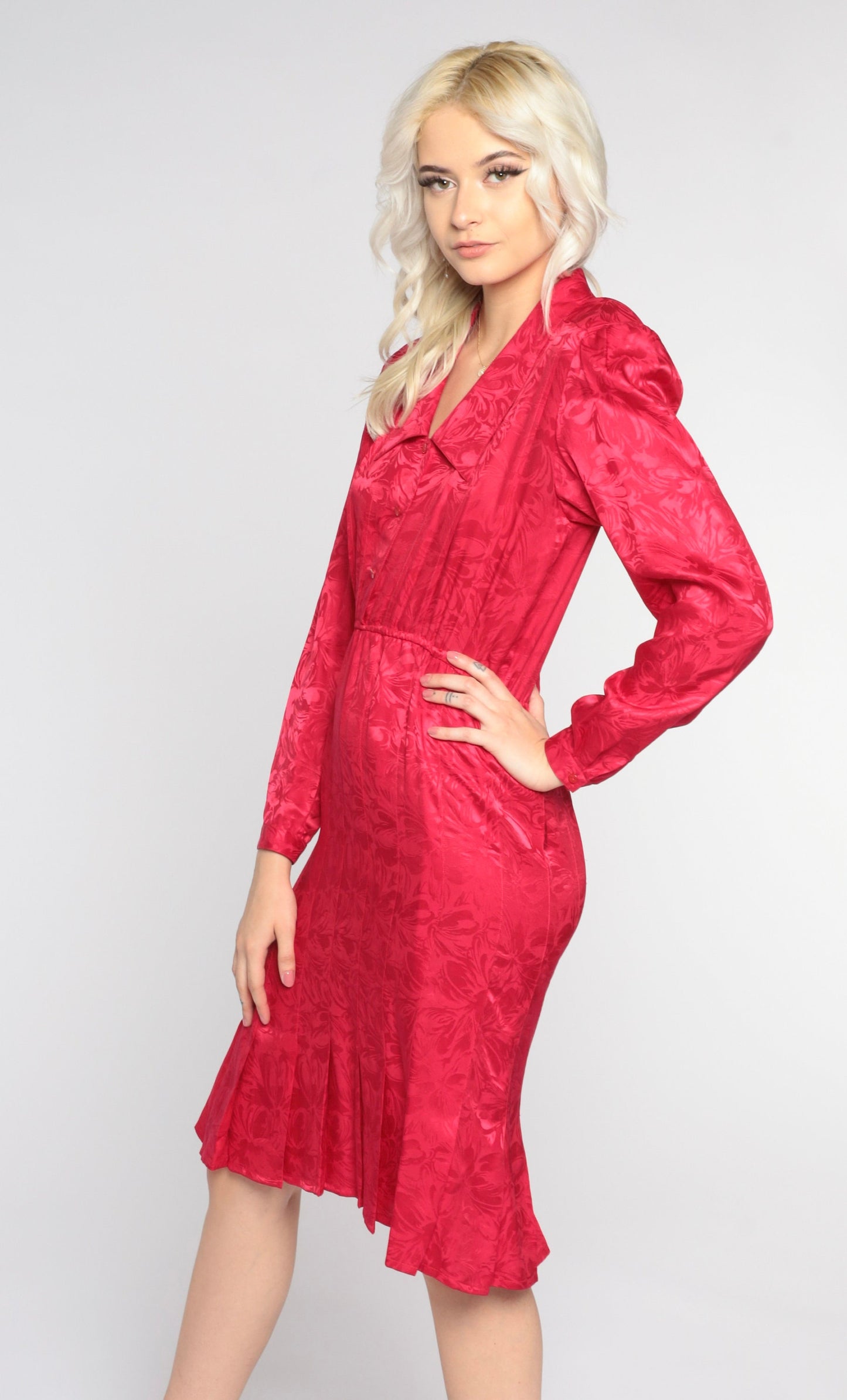 80s Red Silk Floral Midi Shirtdress Pleated Puff Sleeve Button-Up Extra Small XS