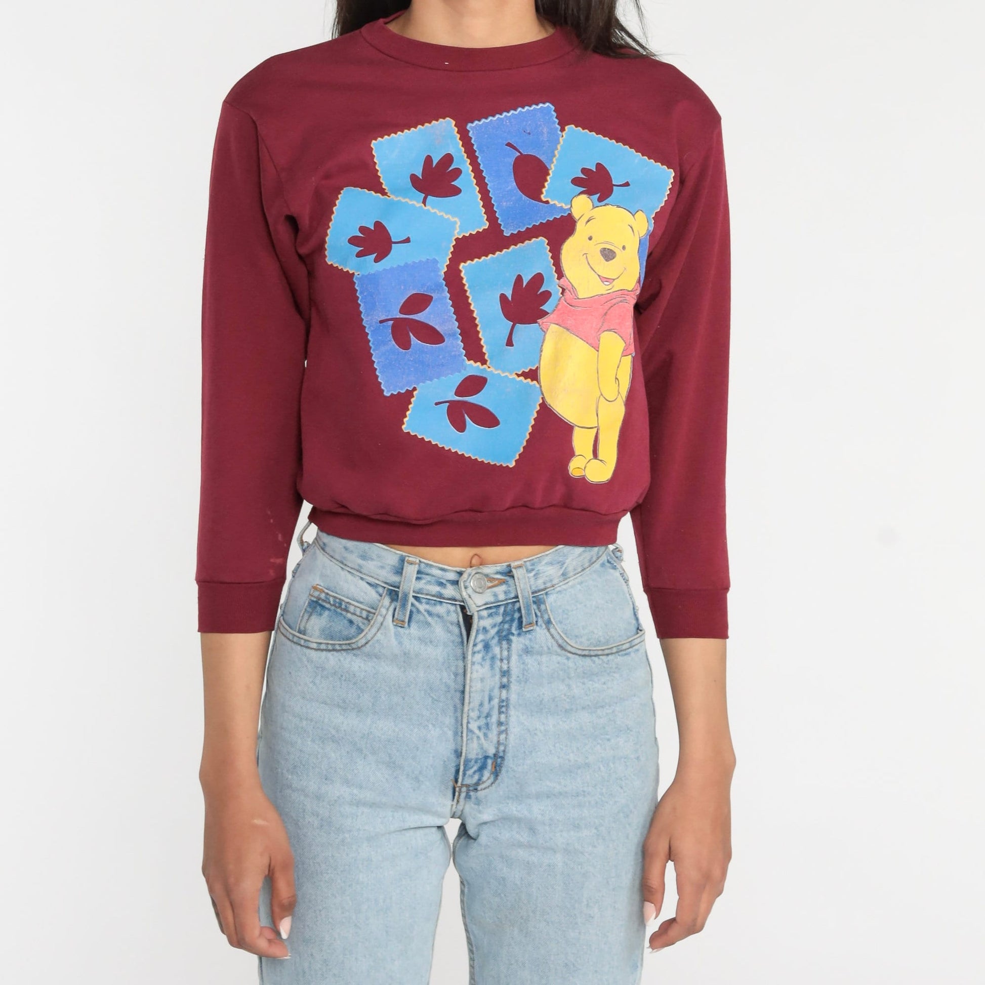 Y2K Winnie The Pooh Burgundy Autumn Leaves Sweatshirt Disney Graphic Crewneck XS