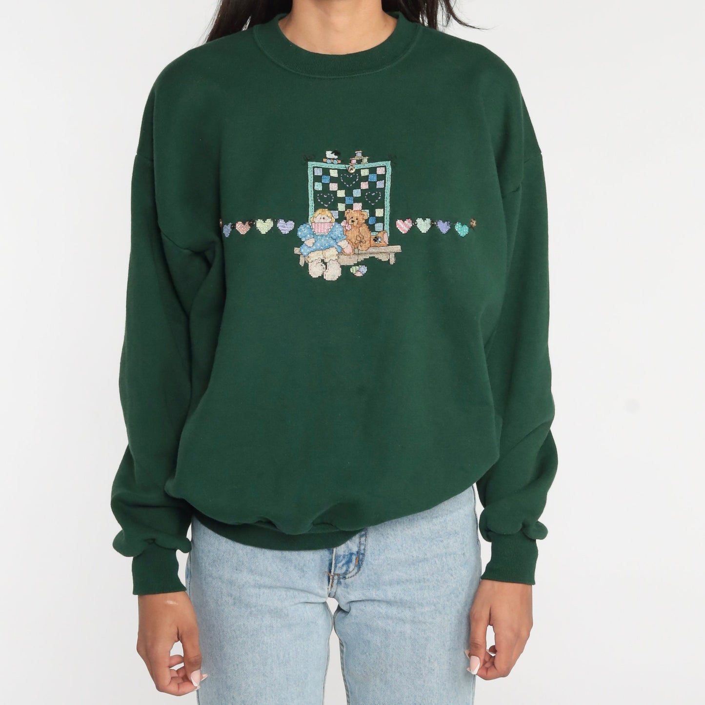 90s Teddy Bear Cross Stitch Sweatshirt Green Heart Embroidered Crewneck Extra Large XXL