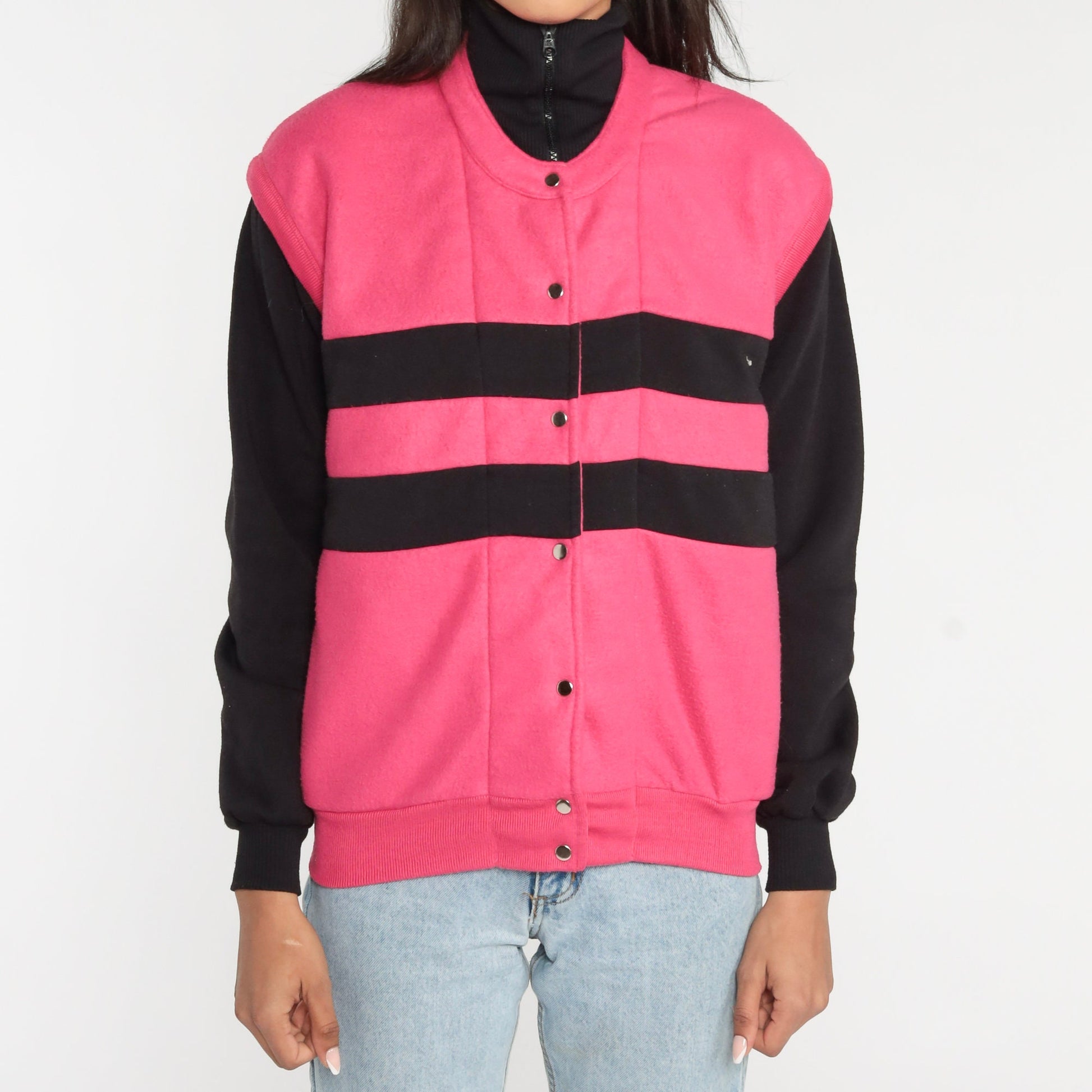 80s Striped Color Block Jacket Hot Pink Black Snap Front Medium