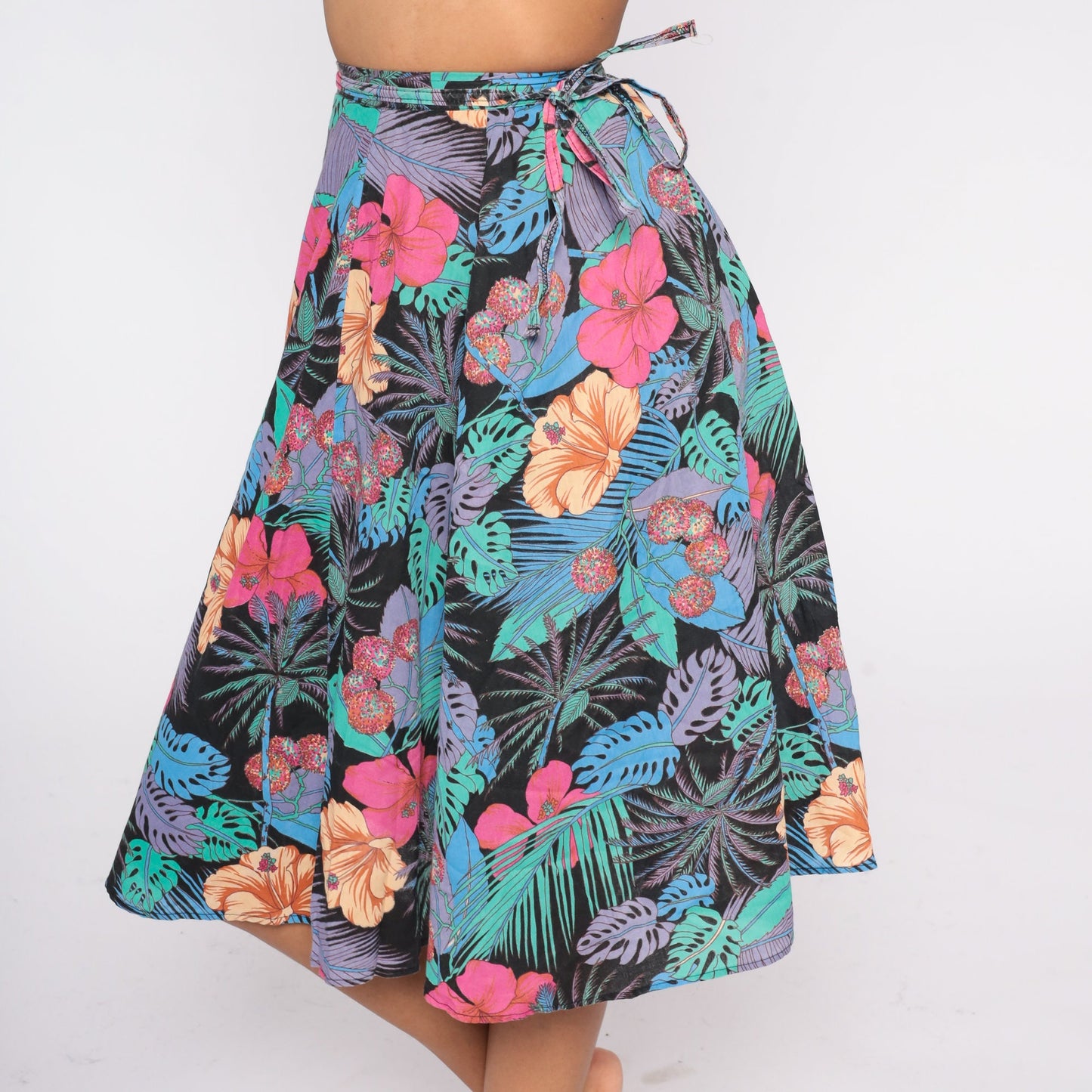 80s Black Tropical Floral Midi Skirt High Waisted Hawaiian Print Extra Small
