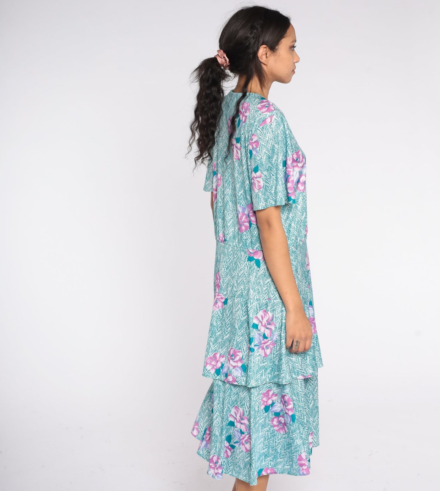 70s Floral Chevron Striped Midi Dress Button-Up Tiered Teal Purple Plus Size XXL