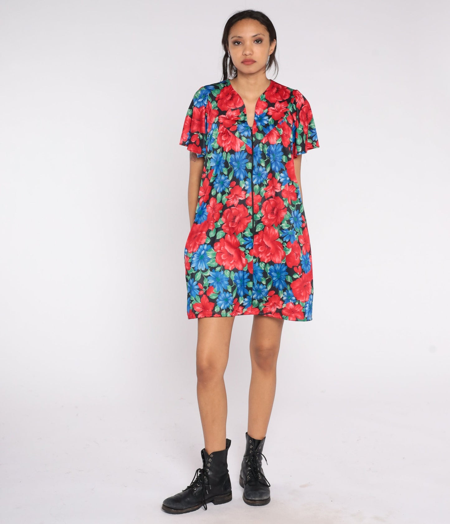 80s Floral Pajama Dress Red Blue Mini Nightgown Button Front Large