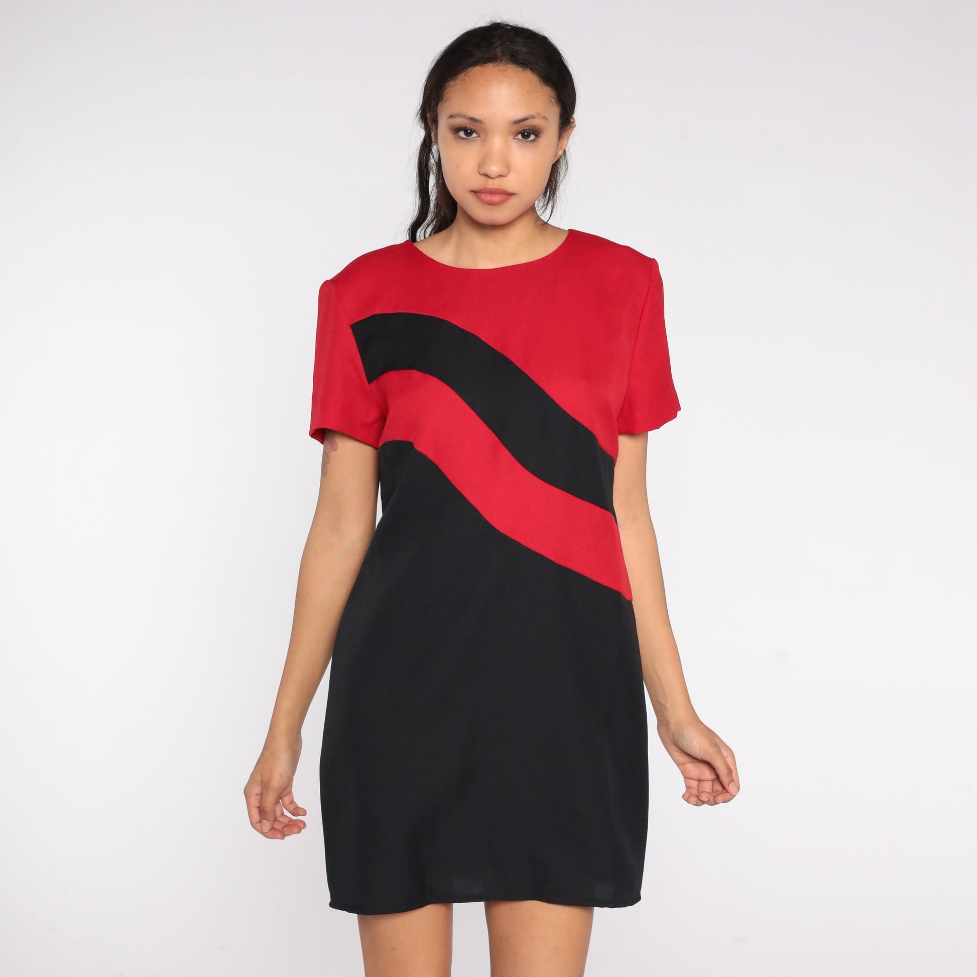 80s Color Block Pencil Dress Black Red Striped Mini Sheath Large L