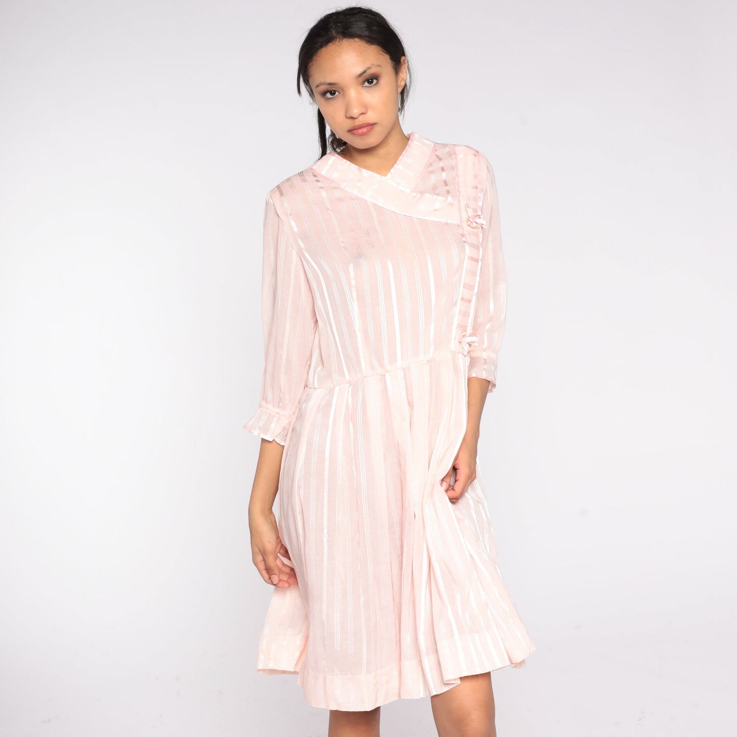 70s Baby Pink Striped Mini Dress High Waist Pleated Rosette Detail Medium Large