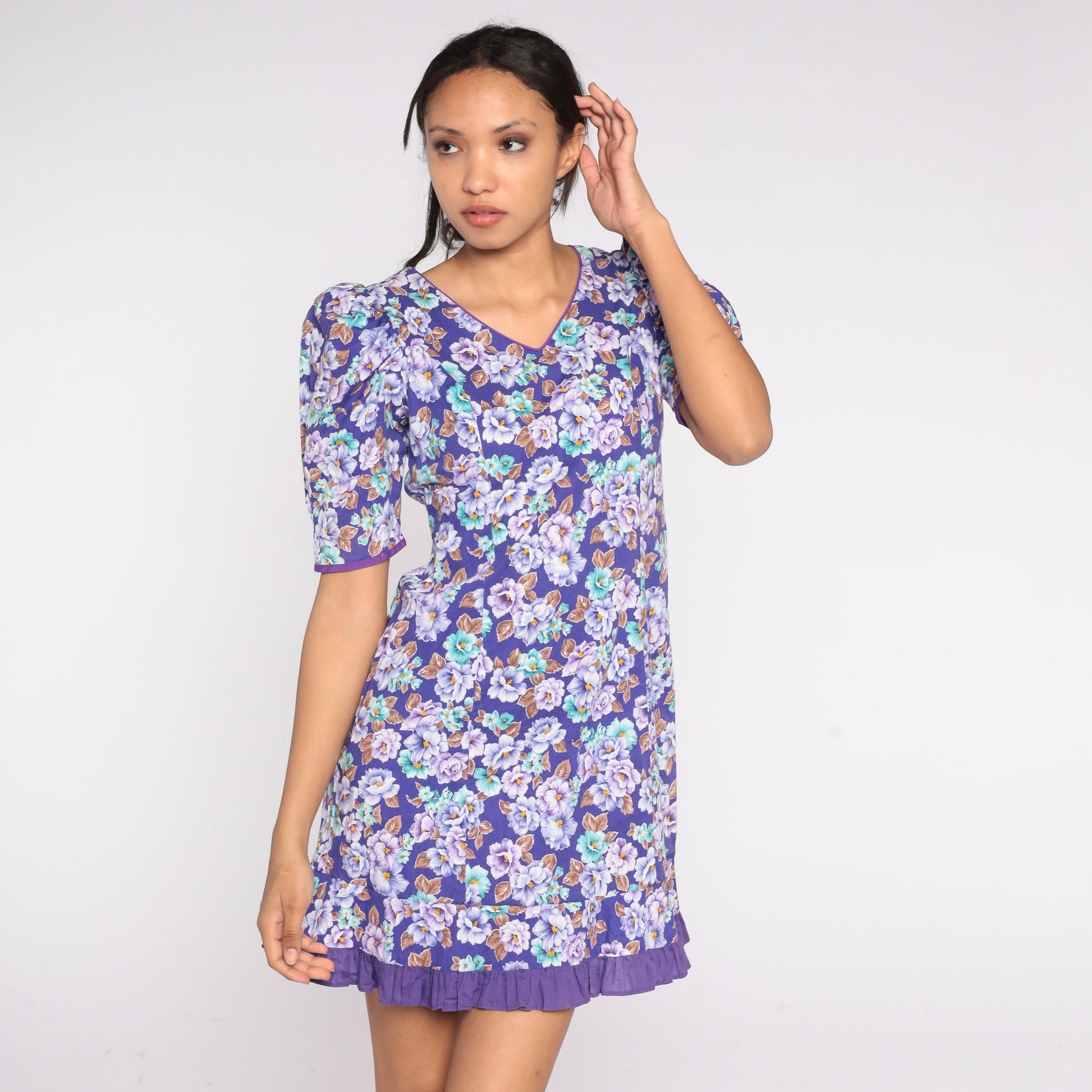 80s Purple Floral Mini Dress Puff Sleeve Shift Cotton Size 7