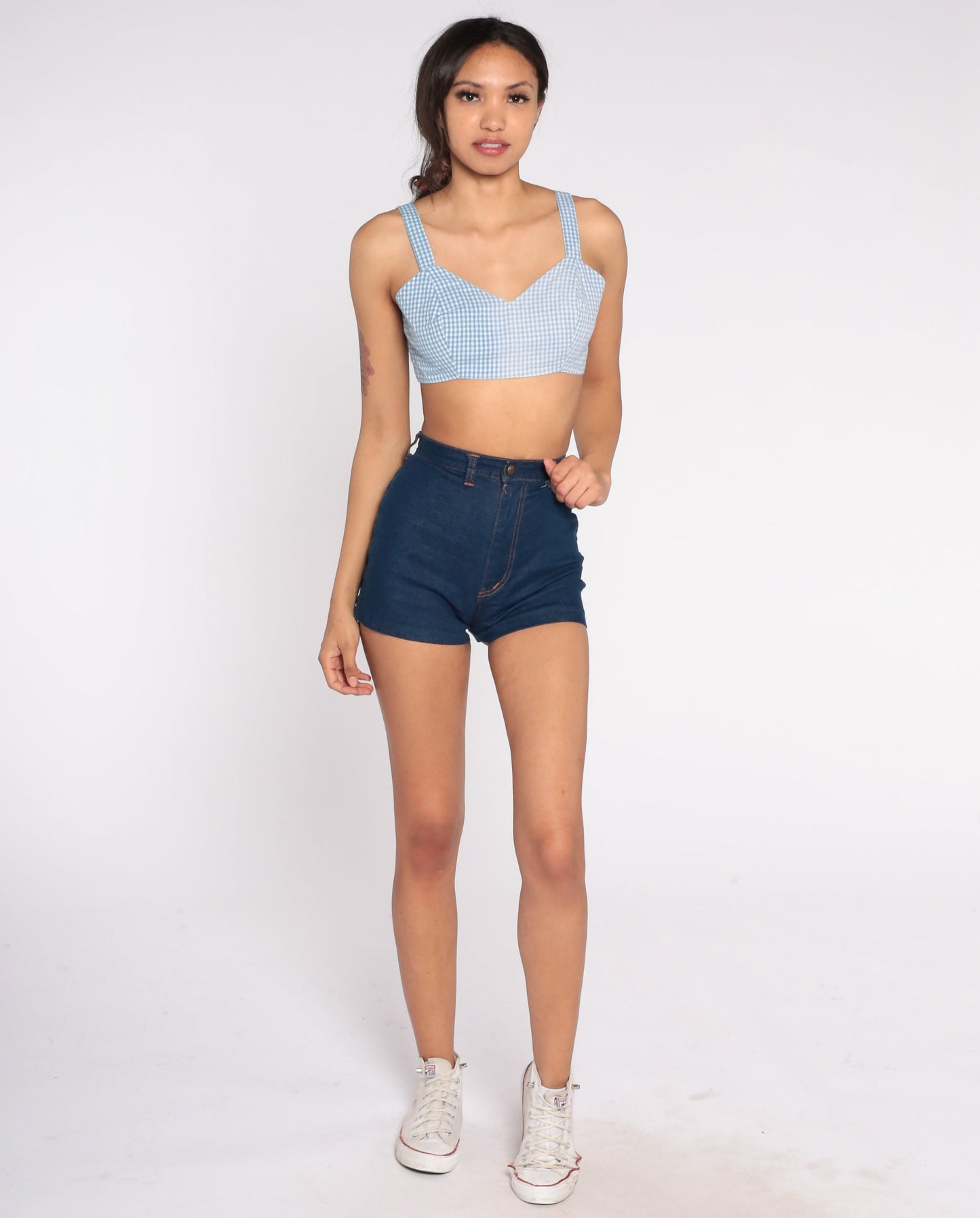60s Blue Gingham Crop Tank Top Checkered Sleeveless Small