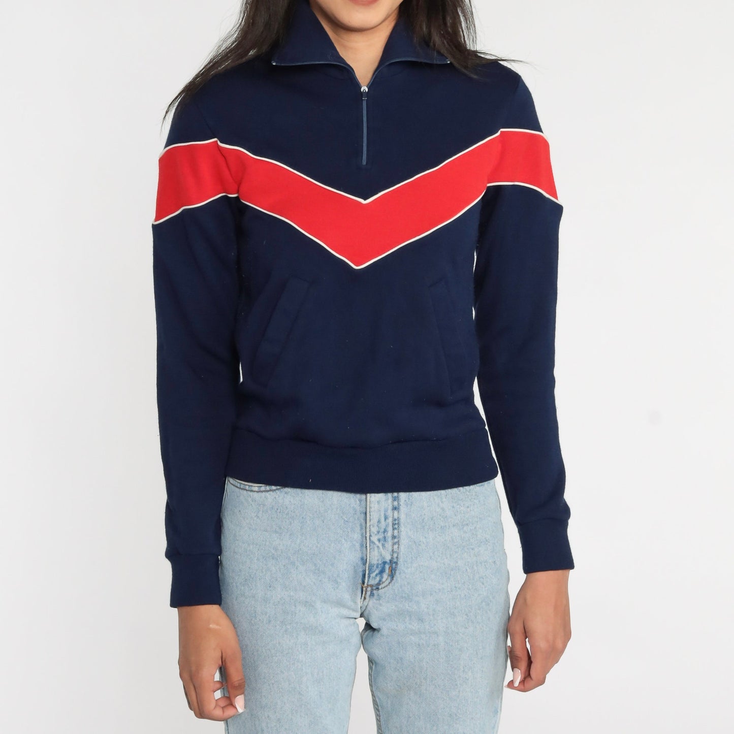 80s Blue Quarter Zip Sweatshirt Red Chevron Stripe Crewneck Extra Small