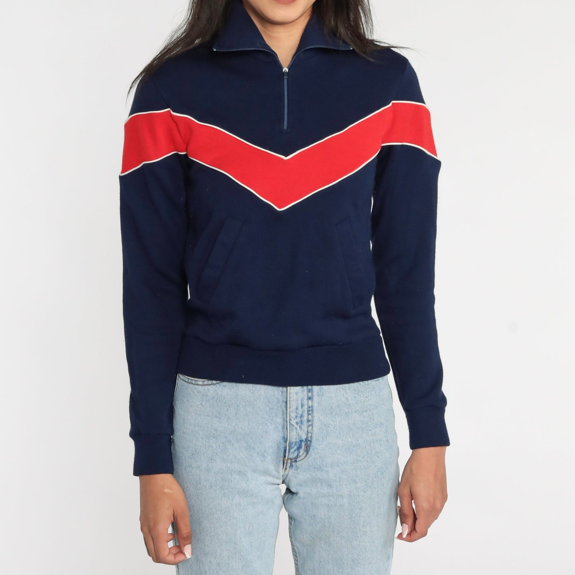 80s Blue Quarter Zip Sweatshirt Red Chevron Stripe Crewneck Extra Small