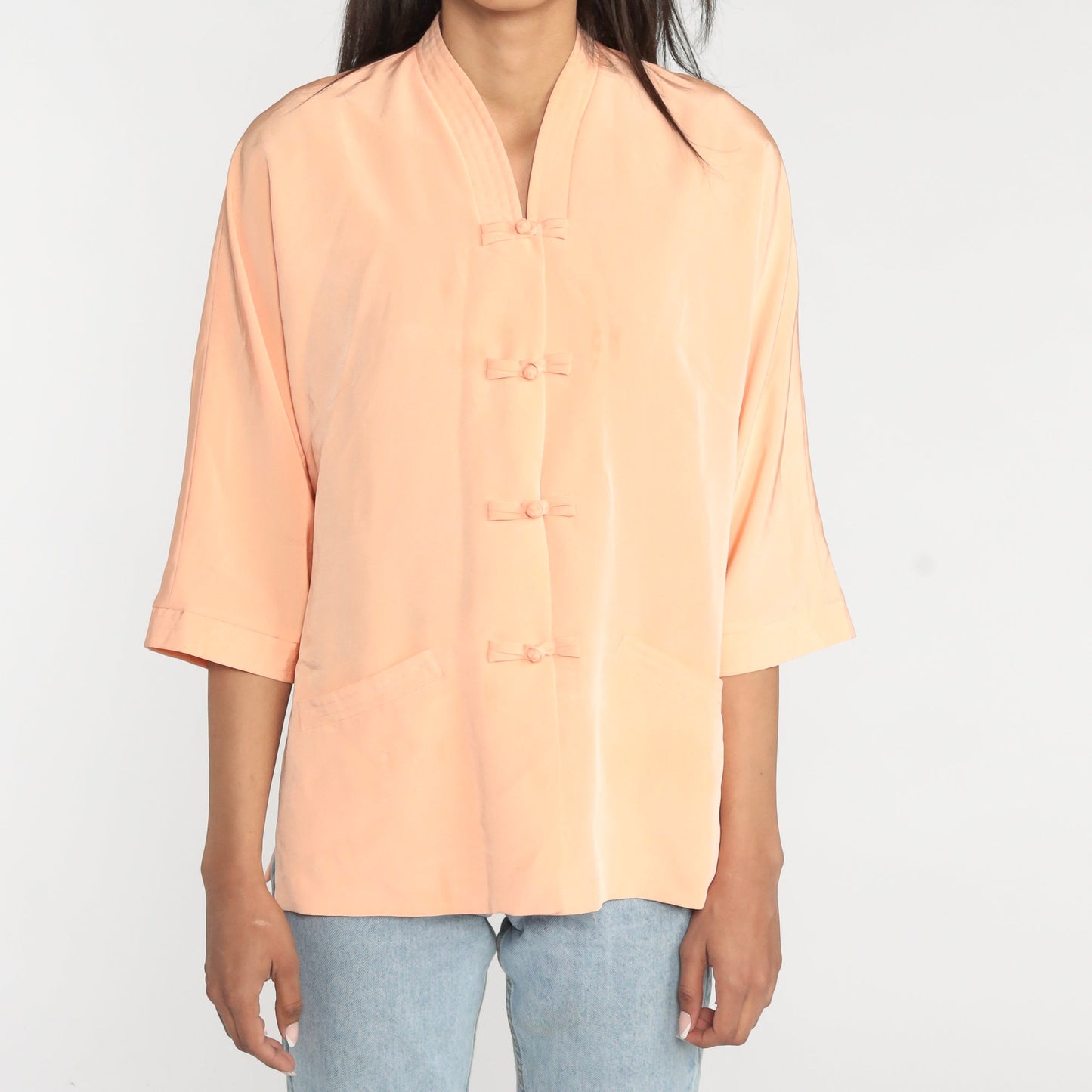 70s Peach Blouse Short Sleeve Frog Button Shirt Medium Large