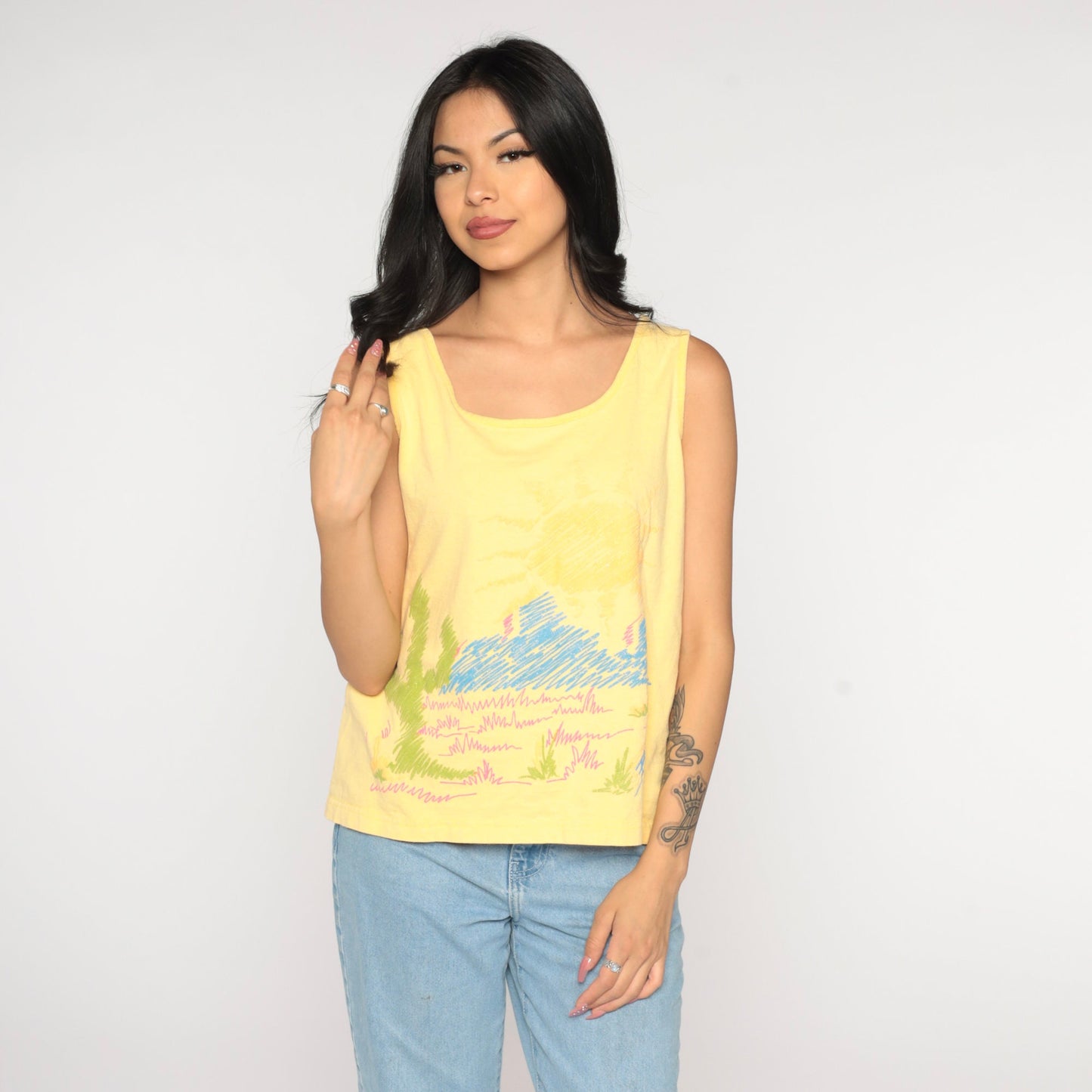 90s Beverly Hills Blues Desert Tank Top Yellow Graphic Cactus Medium