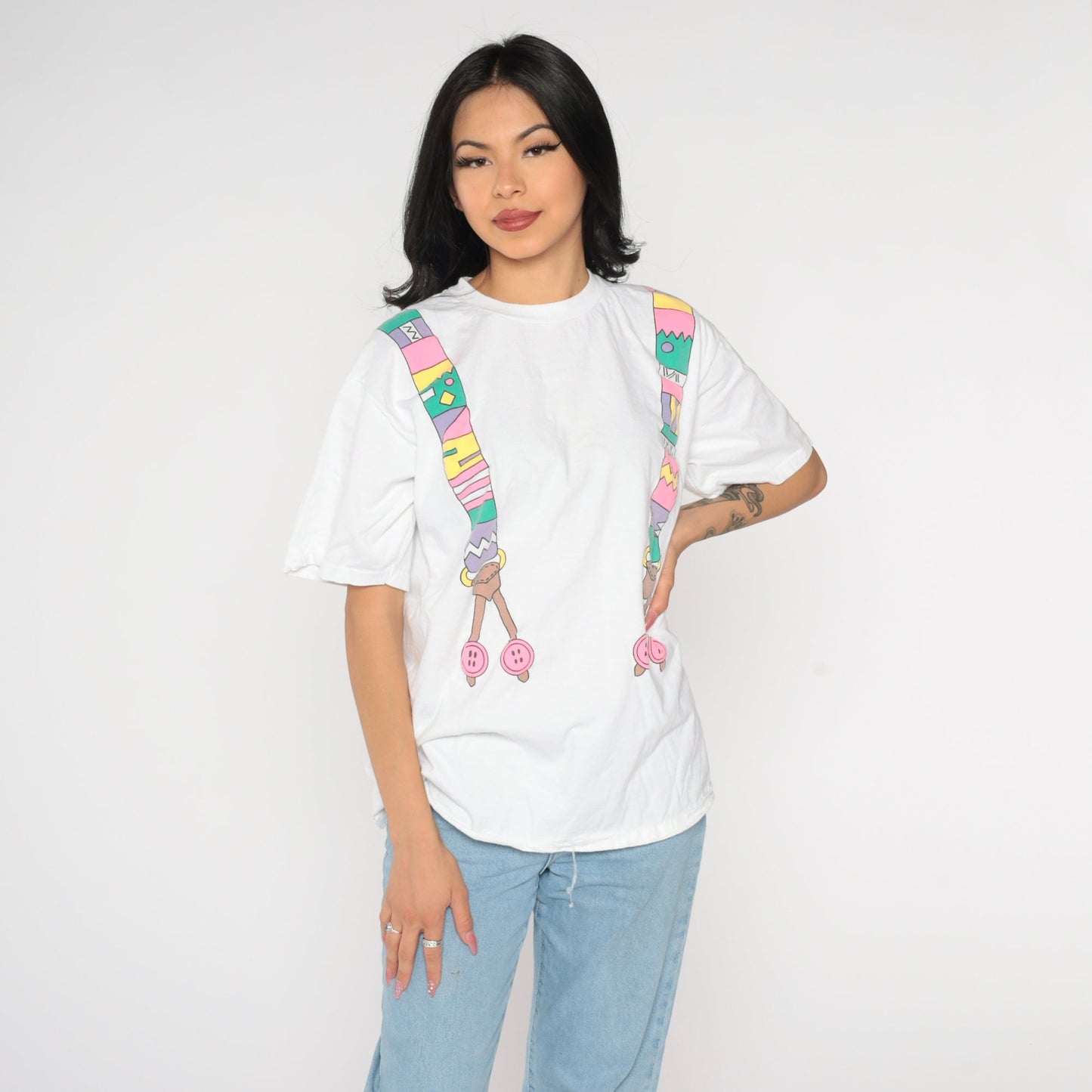 80s Suspenders Graphic Cotton T-Shirt Colorful Print Single Stitch Extra Large