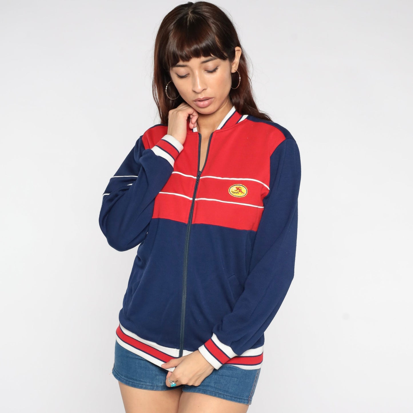 80s Devil Action Wear Track Jacket Blue Red Striped Crest Small