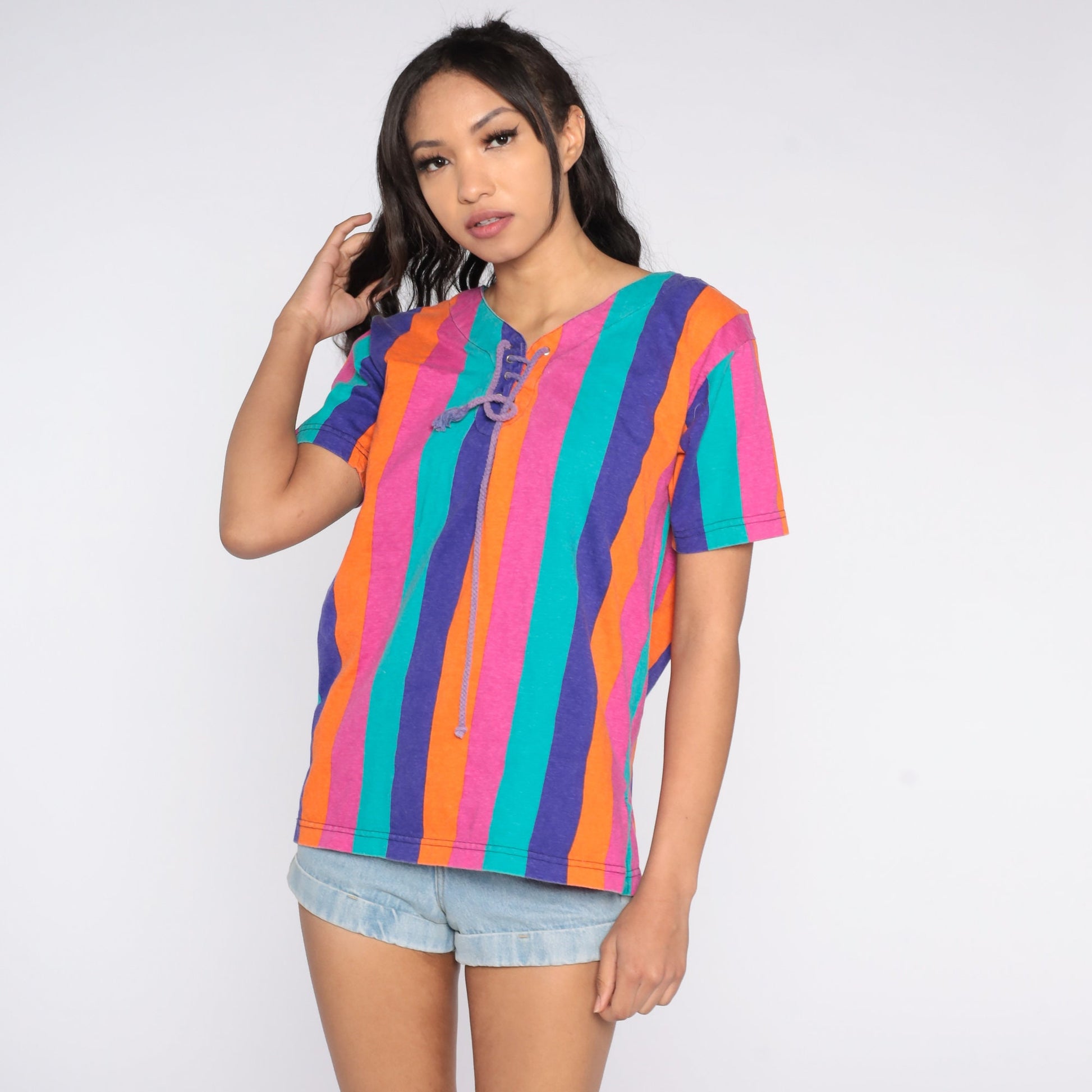 90s Striped Cotton Blouse Lace-Up V-Neck Short Sleeve Pink Orange Blue Purple Medium