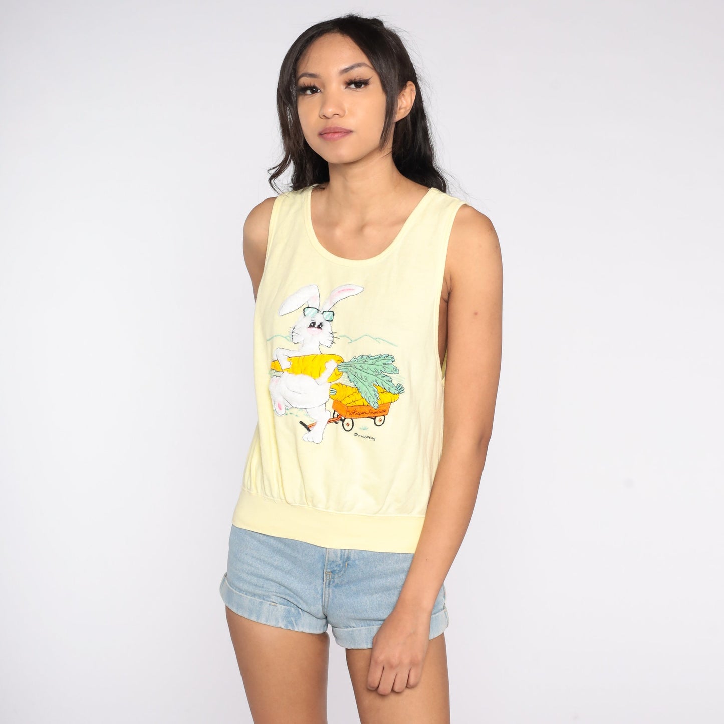 80s Yellow Fuzzy Bunny Tank Top Graphic Sleeveless Blouse Small