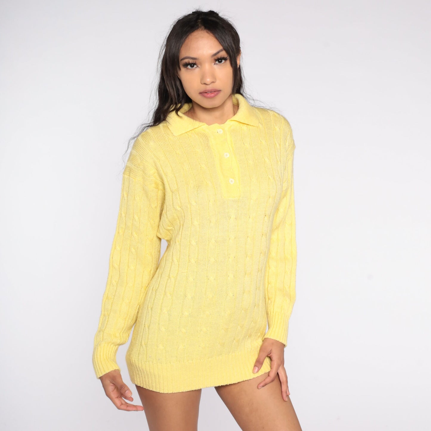 80s Diane Von Furstenberg Yellow Cable Knit Pullover Collared Sweater Large L