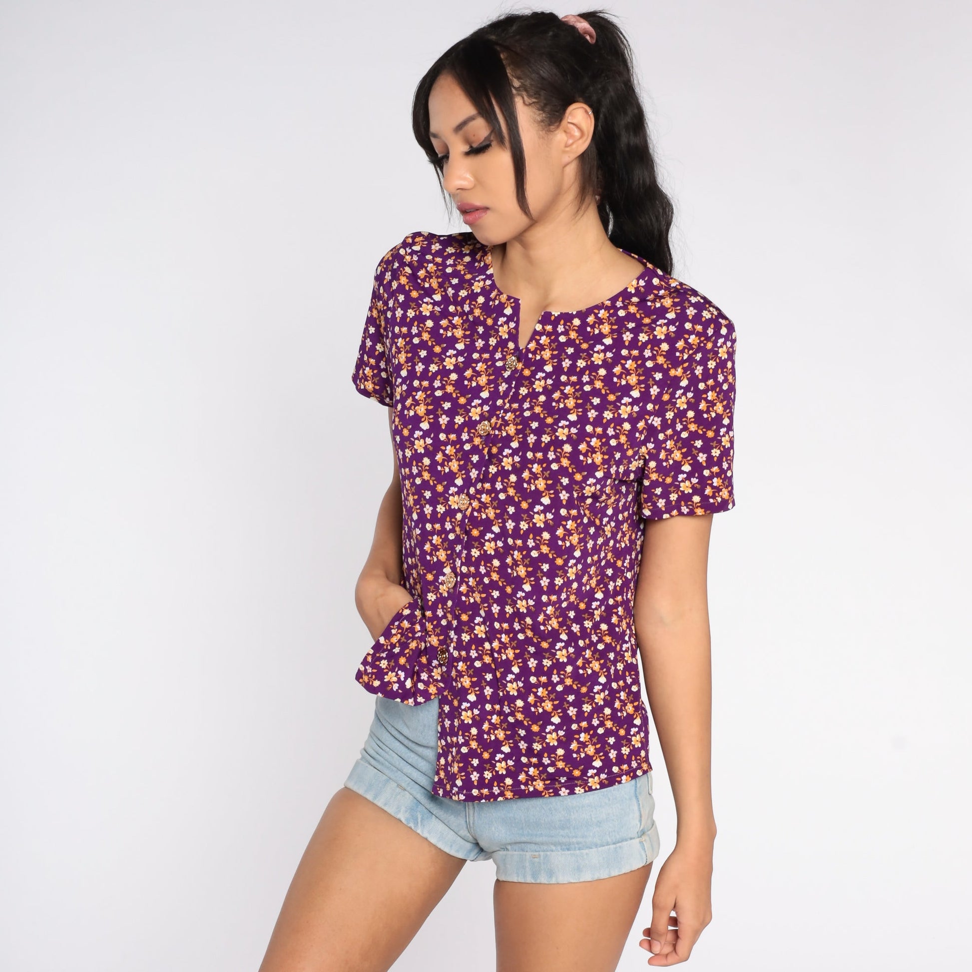 90s Purple Floral Button-Up Blouse Short Sleeve Shirt Large